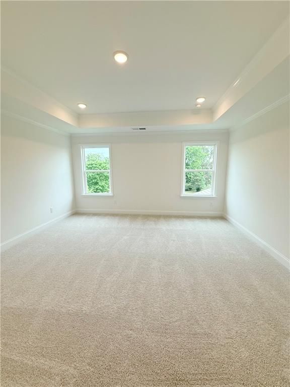 Spacious bedroom with tray ceiling and plush carpet in The Hickory B floor plan at Wehunt Meadows, Hoschton, Georgia.