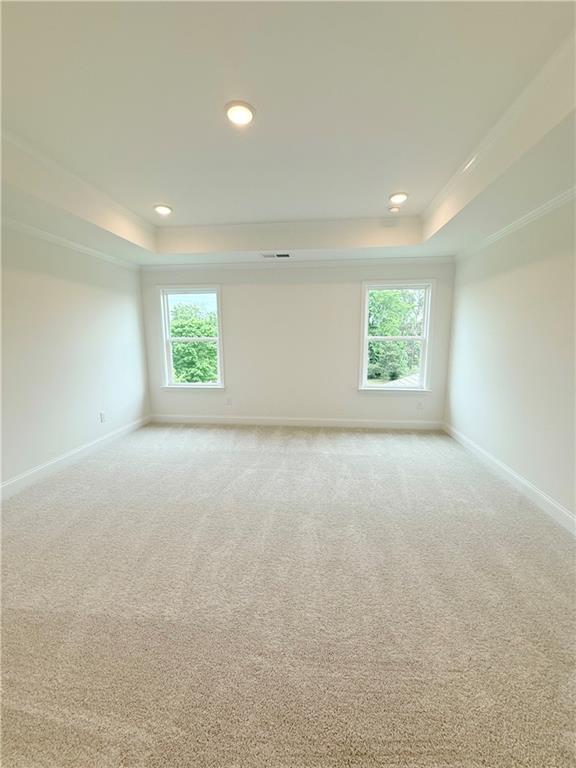 Spacious bedroom with tray ceiling and plush carpet in The Hickory B floor plan at Wehunt Meadows, Hoschton, Georgia.