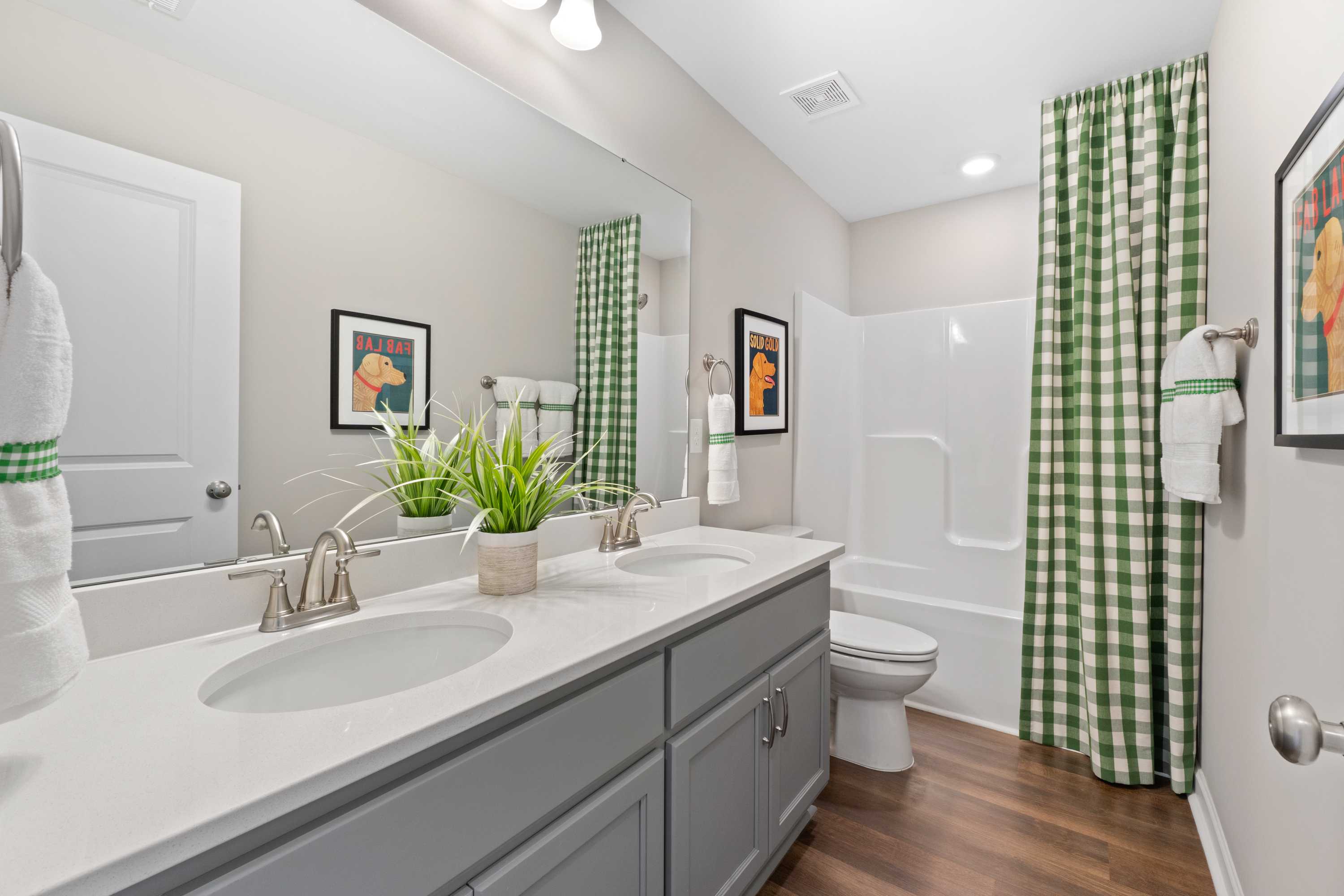 Contemporary bathroom in Evergreen Mill Madison Alabama with double vanity gray cabinets green checkered shower curtain and tub
