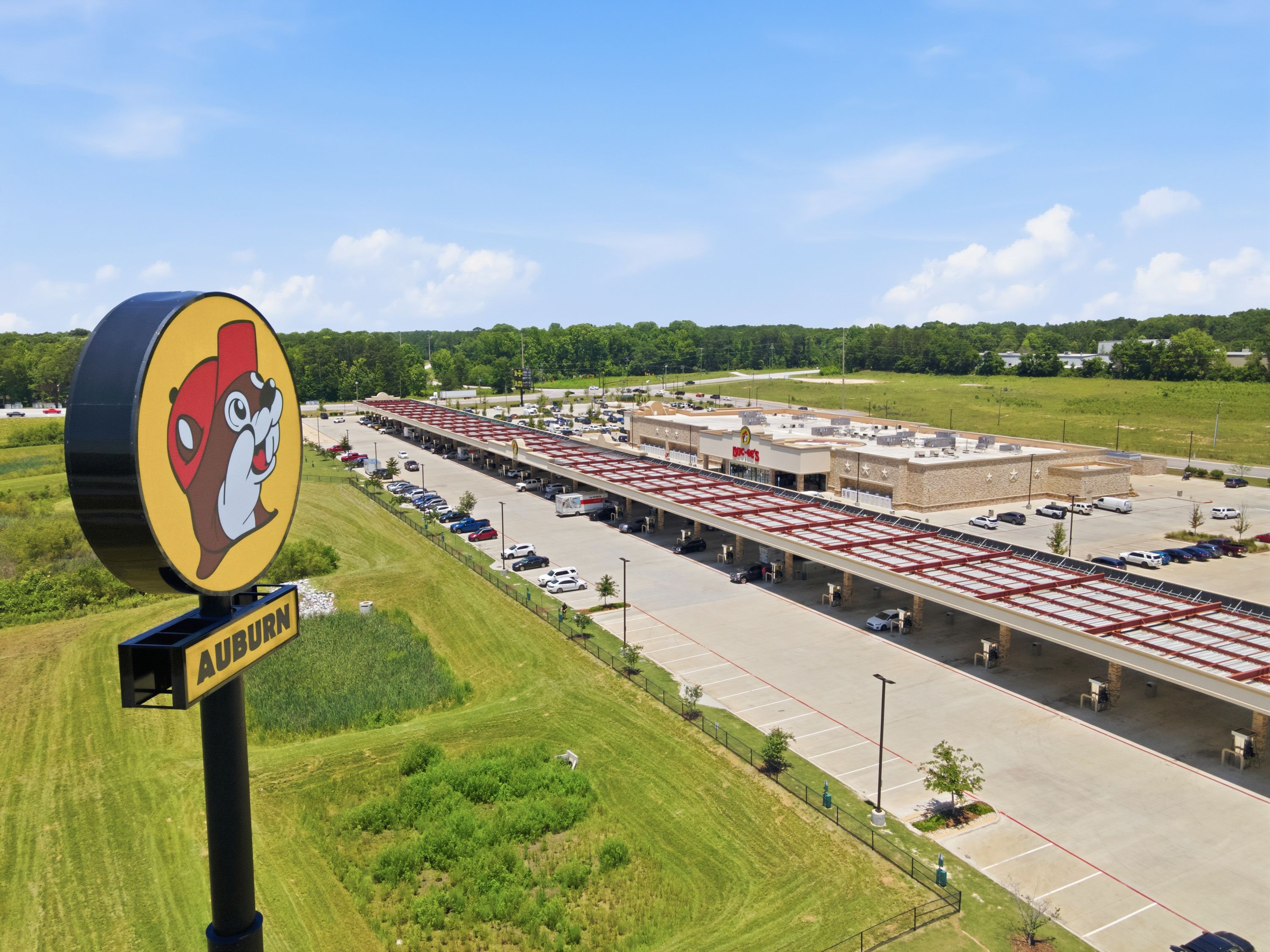 Buc-ee's gas station and travel center near Anderson Lakes in Opelika, Alabama, featuring large fuel canopy and parking.