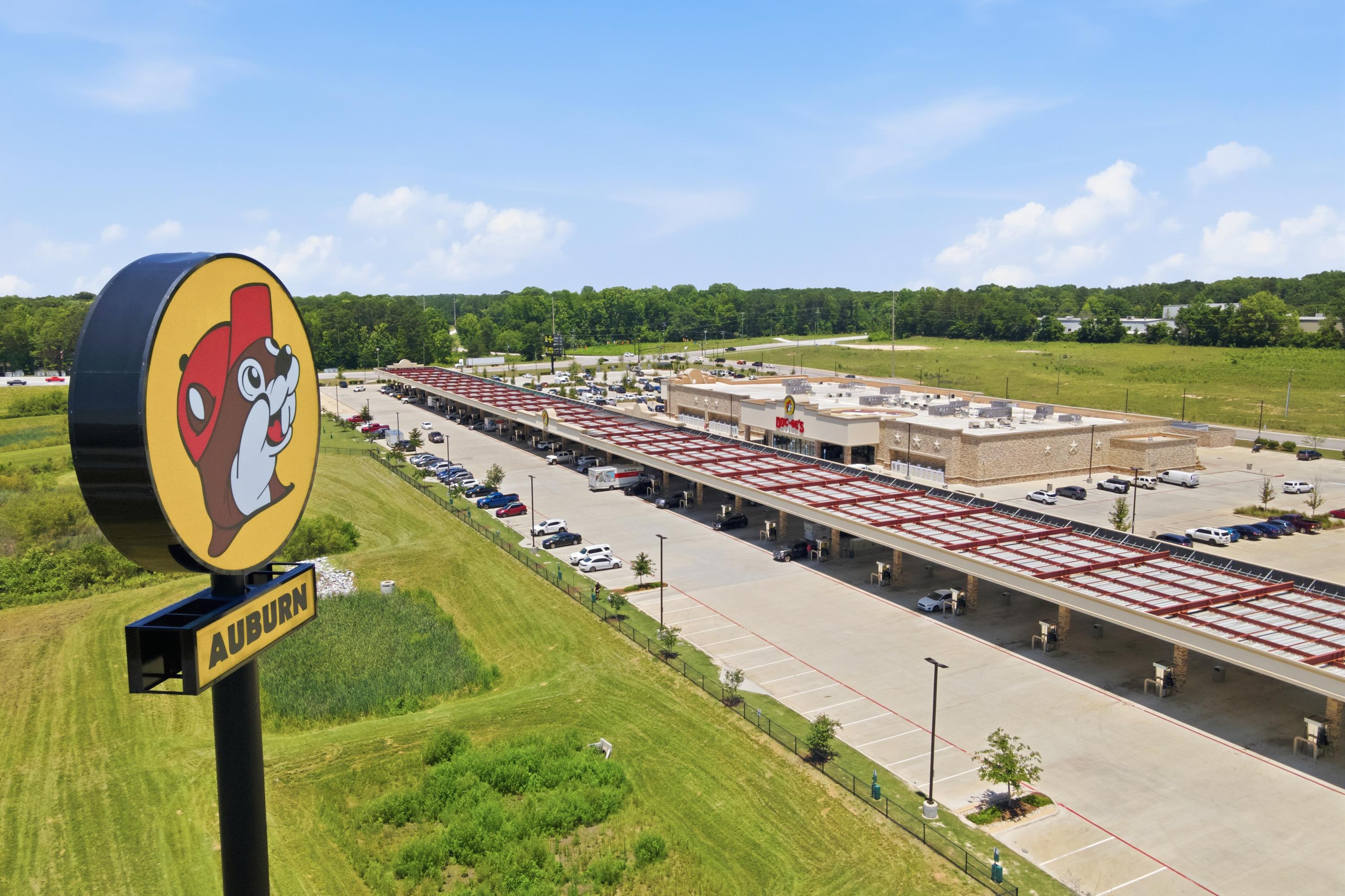 Buc-ee's gas station and travel center near Anderson Lakes in Opelika, Alabama, featuring large fuel canopy and parking.