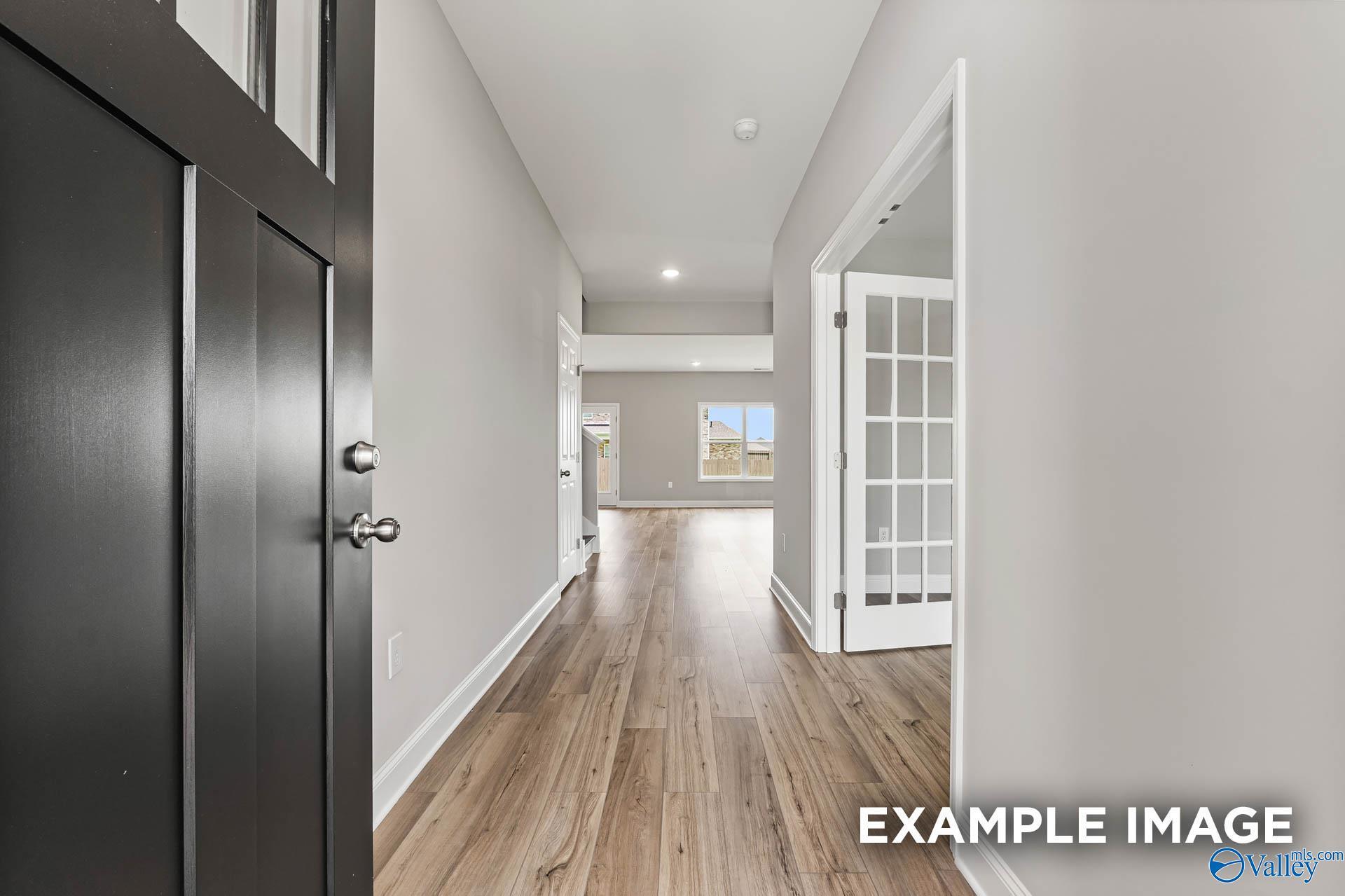 Welcoming foyer with black front door, hardwood floors, gray walls in The Chelsea B 4-bedroom home, Ivy Hills, Toney, Alabama
