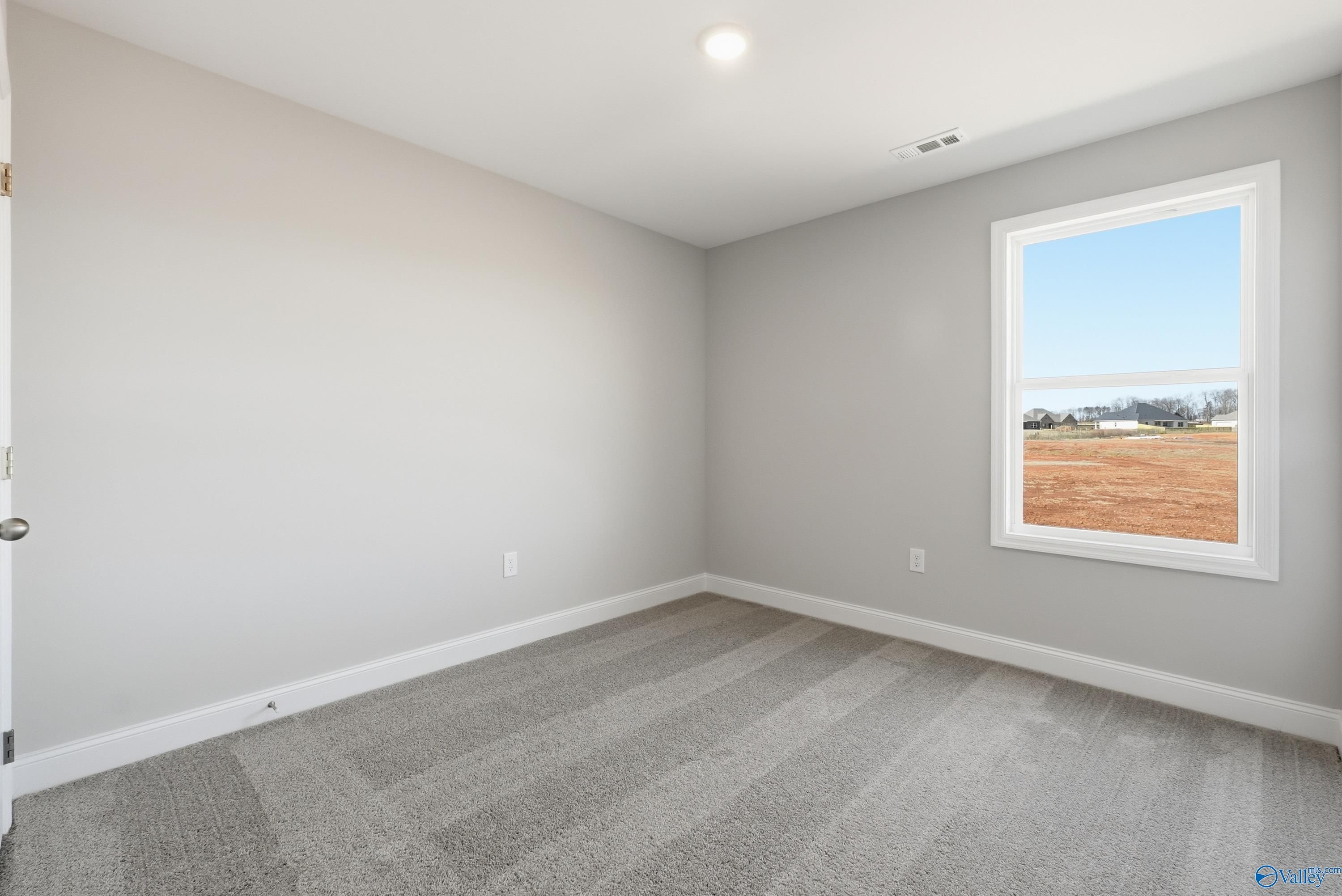 Bright secondary bedroom with gray walls, carpeted floor, and large window overlooking outdoor landscape in Davidson Homes The Butler, New Market, Alabama
