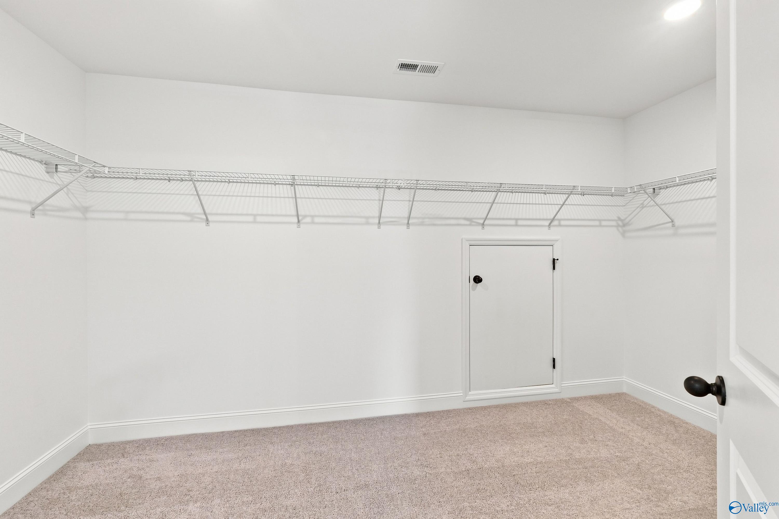 Spacious walk-in closet with wire shelving and carpet in Davidson Homes Chelsea B plan, Creek Grove, New Market, Alabama