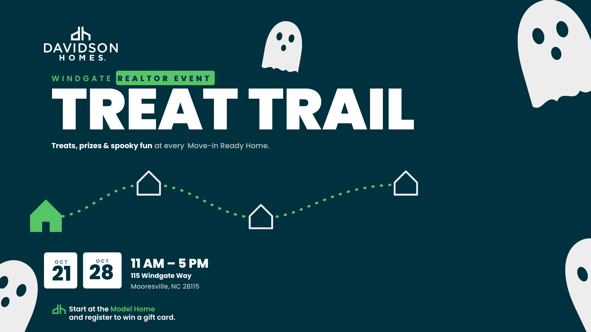 Davidson Homes Windgate Treat Trail realtor event flyer with spooky ghosts, home icons, October 21 & 28 dates in Mooresville NC