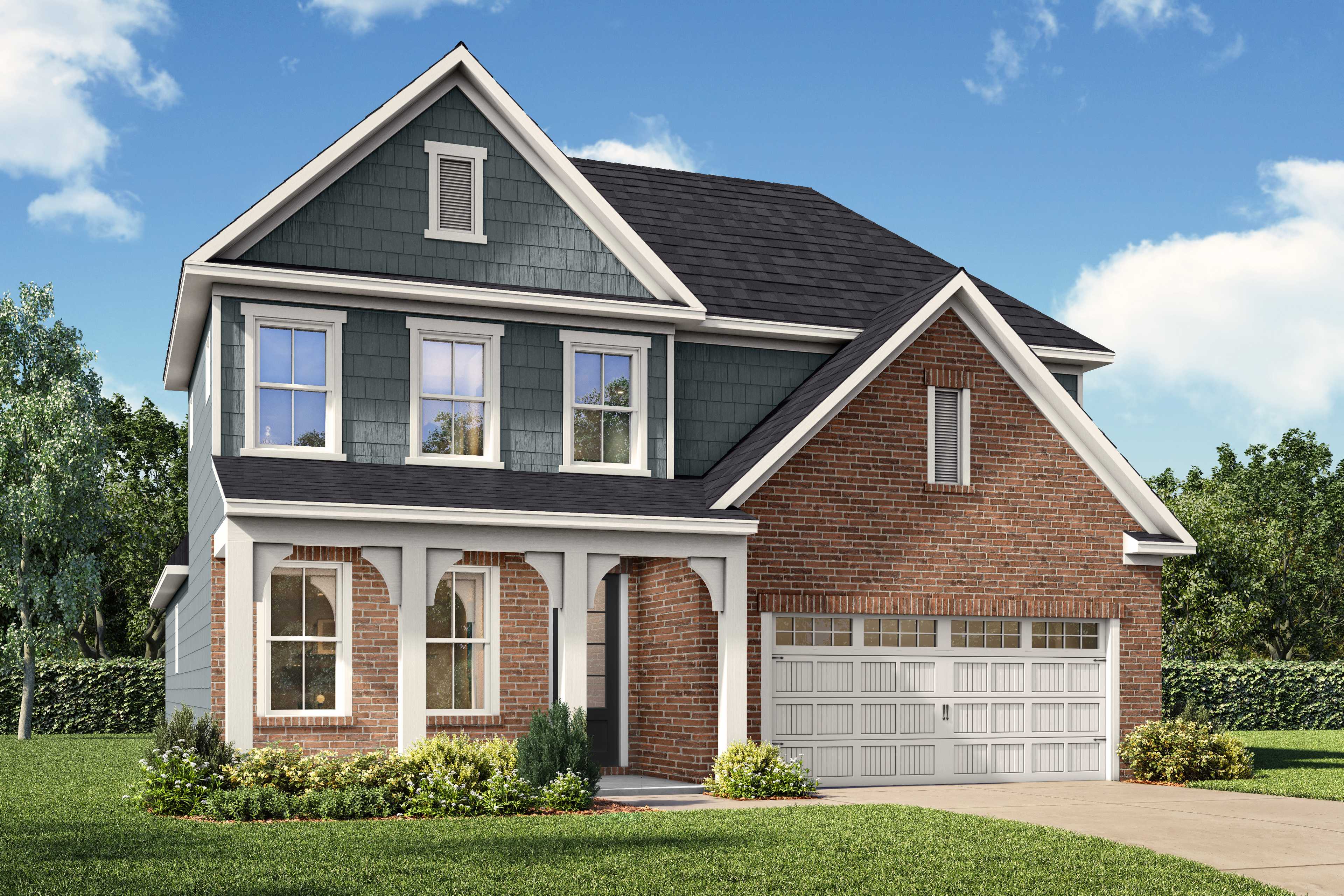 Ashport G two-story home elevation featuring brick accents, vinyl siding, two-car garage, and covered porch by Davidson Homes