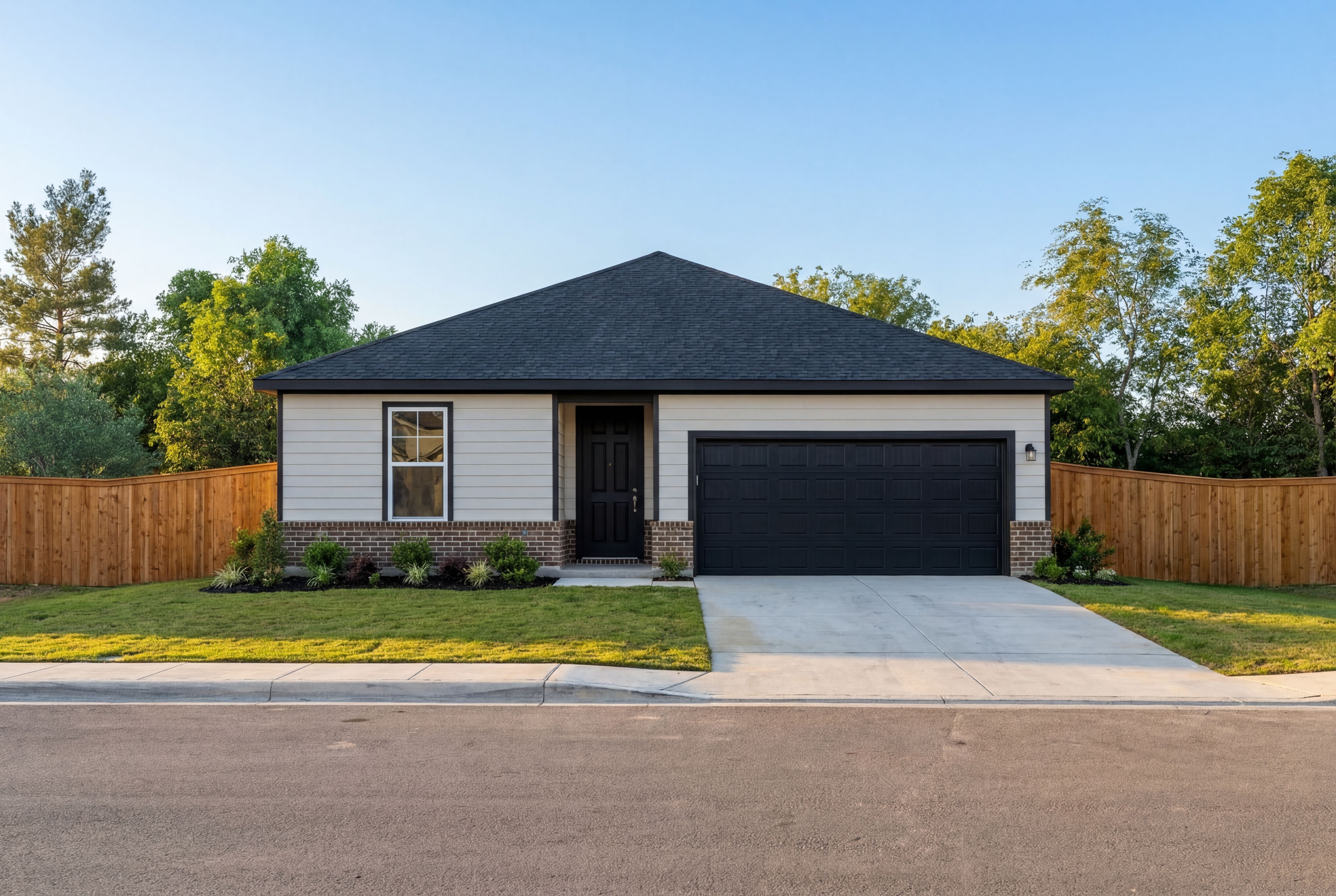 Modern one-story Asheville home elevation with white siding, black roof and 2-car garage, landscaped yard in Seguin TX