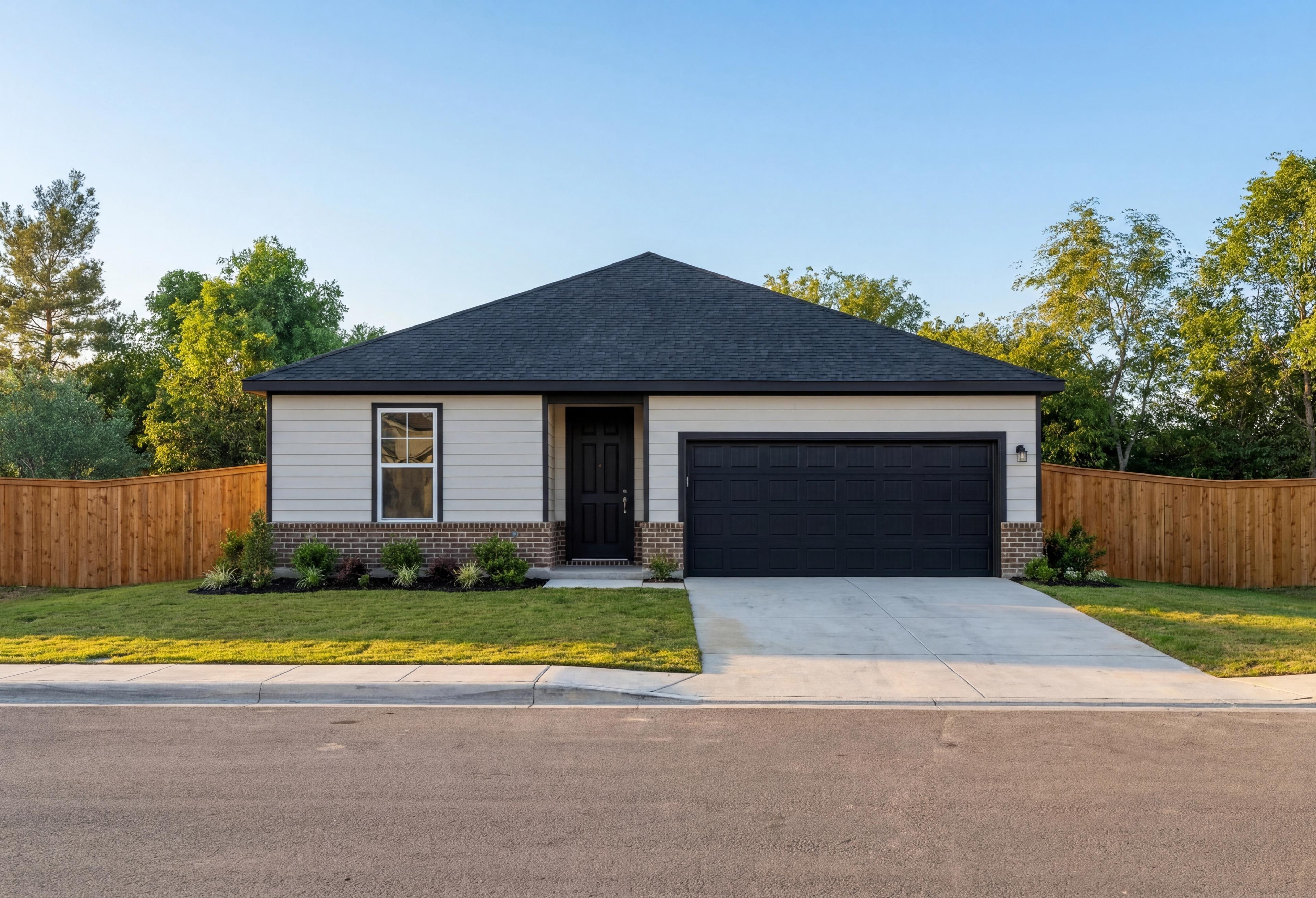 Modern one-story Asheville home elevation with white siding, black roof and 2-car garage, landscaped yard in Seguin TX