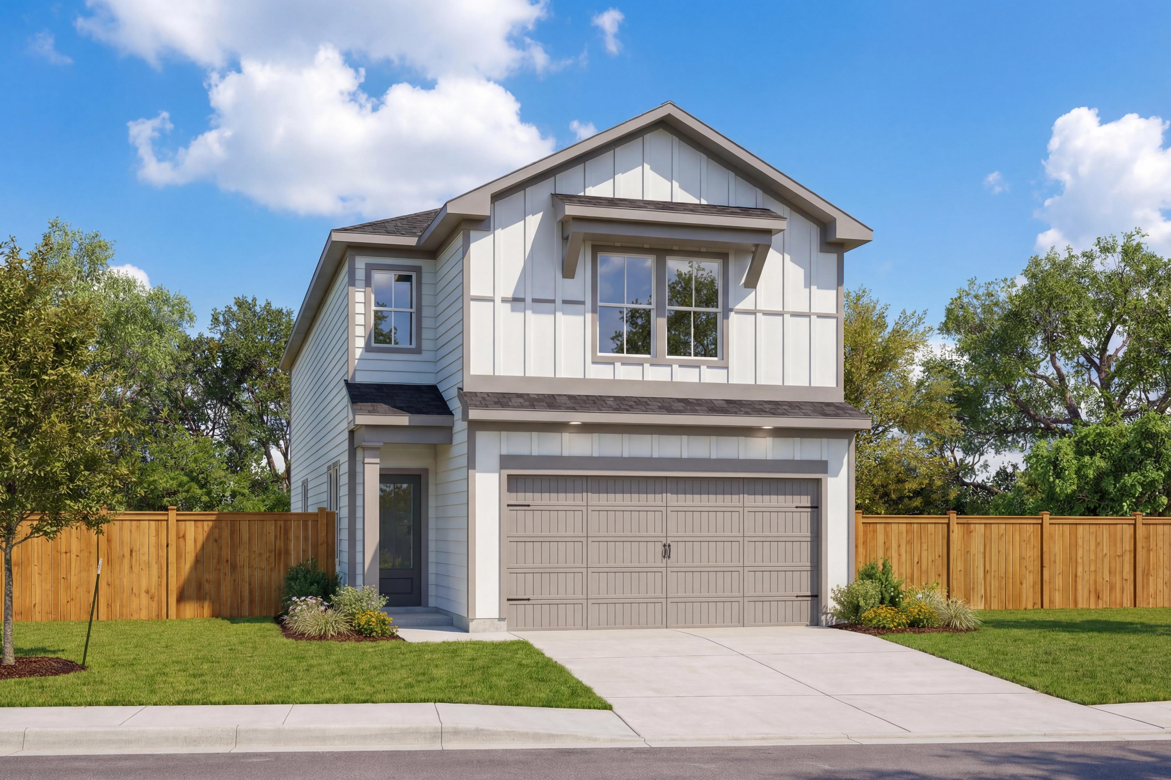 Two-story The Florence C home elevation: white board-and-batten siding, gabled roof, two-car garage, front yard with shrubs and fence in San Antonio