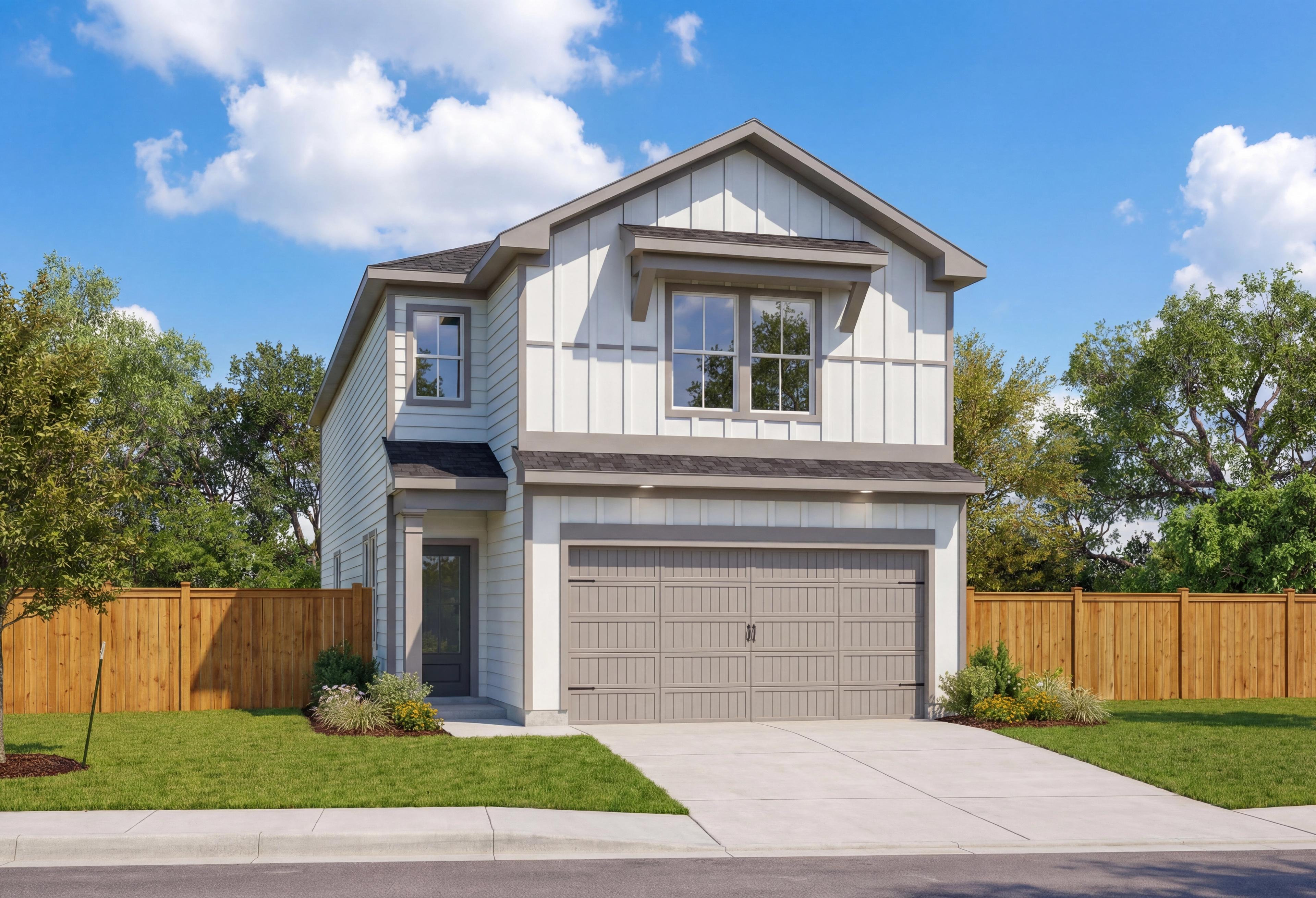Two-story The Florence C home elevation: white board-and-batten siding, gabled roof, two-car garage, front yard with shrubs and fence in San Antonio
