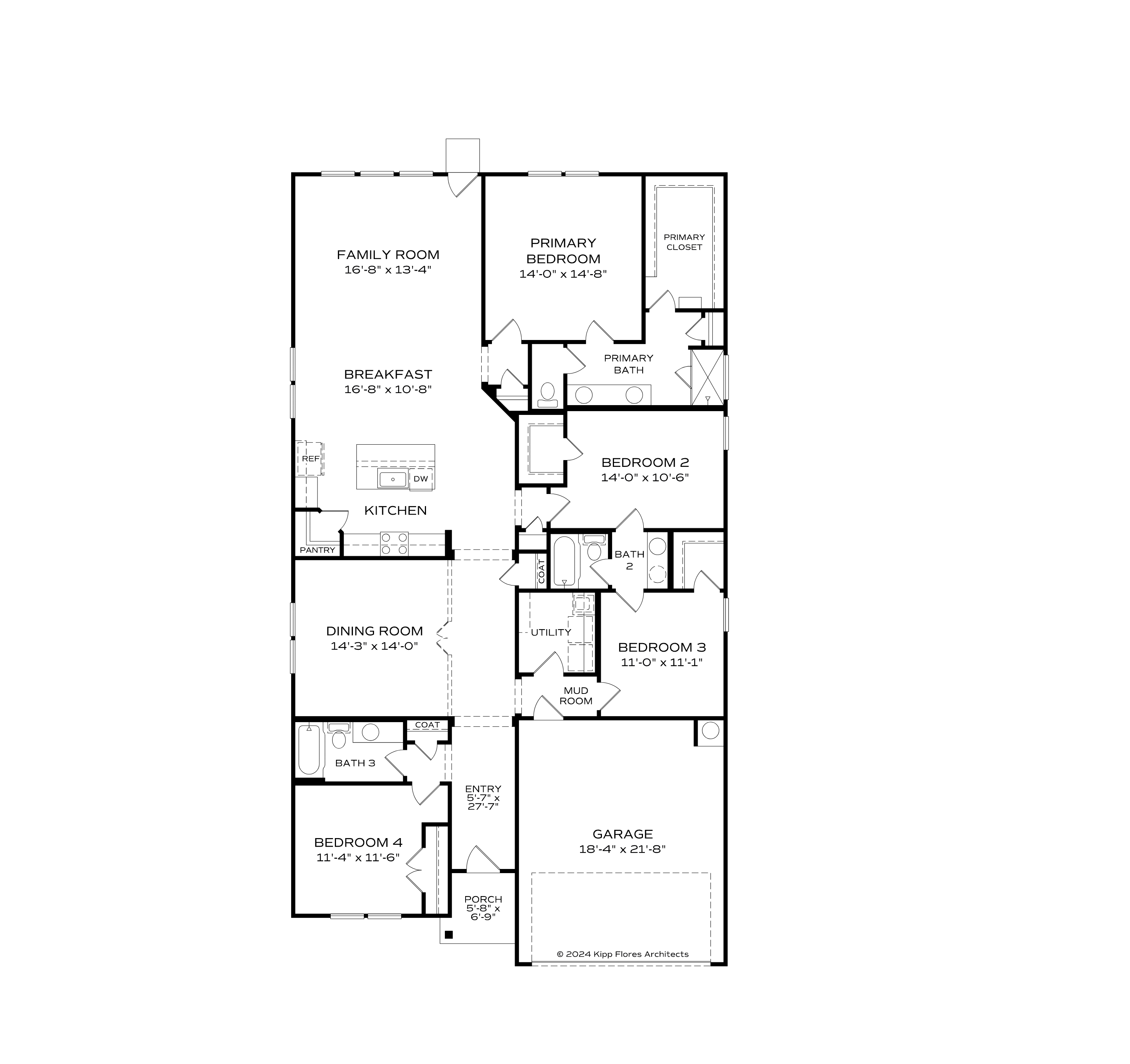 The Orion first-floor plan with 3-5 bedrooms, open kitchen-dining-family layout, primary suite, 2-car garage, 2258 sq ft