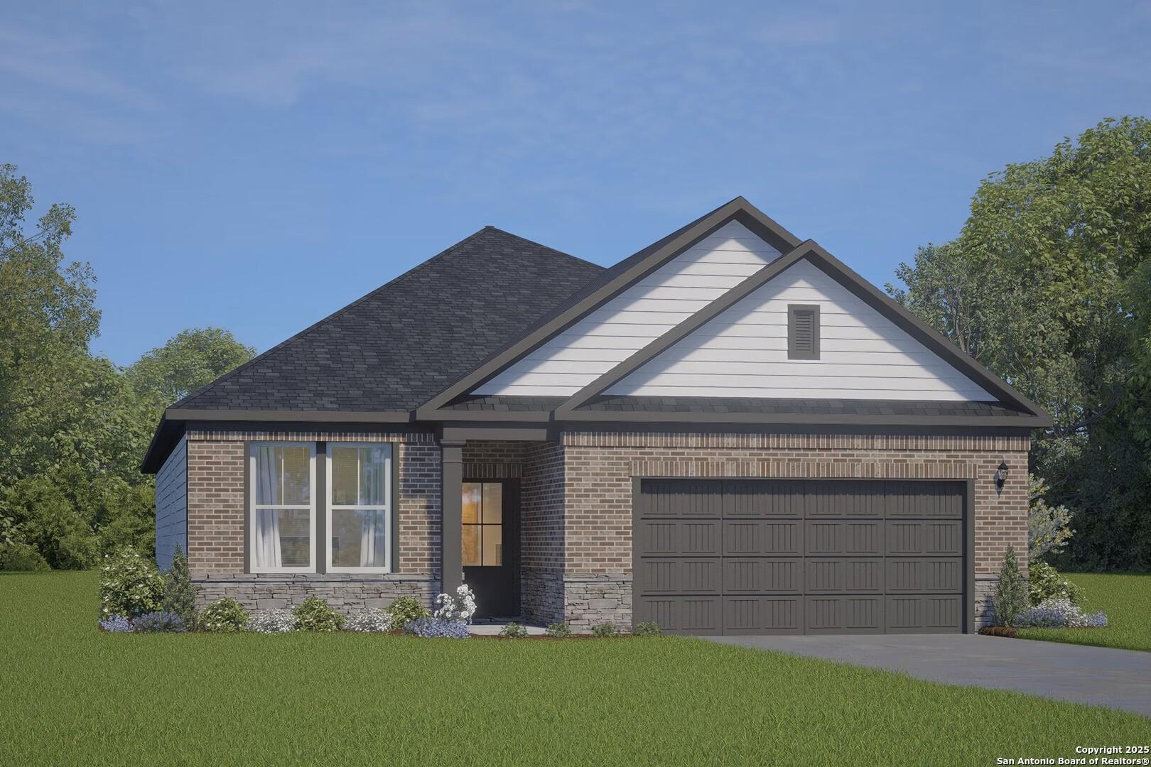 Modern 1-story brick home with 2-car garage, black roof, and lush landscaping in Royal Crest, San Antonio, Texas - Davidson Homes Glenwood F