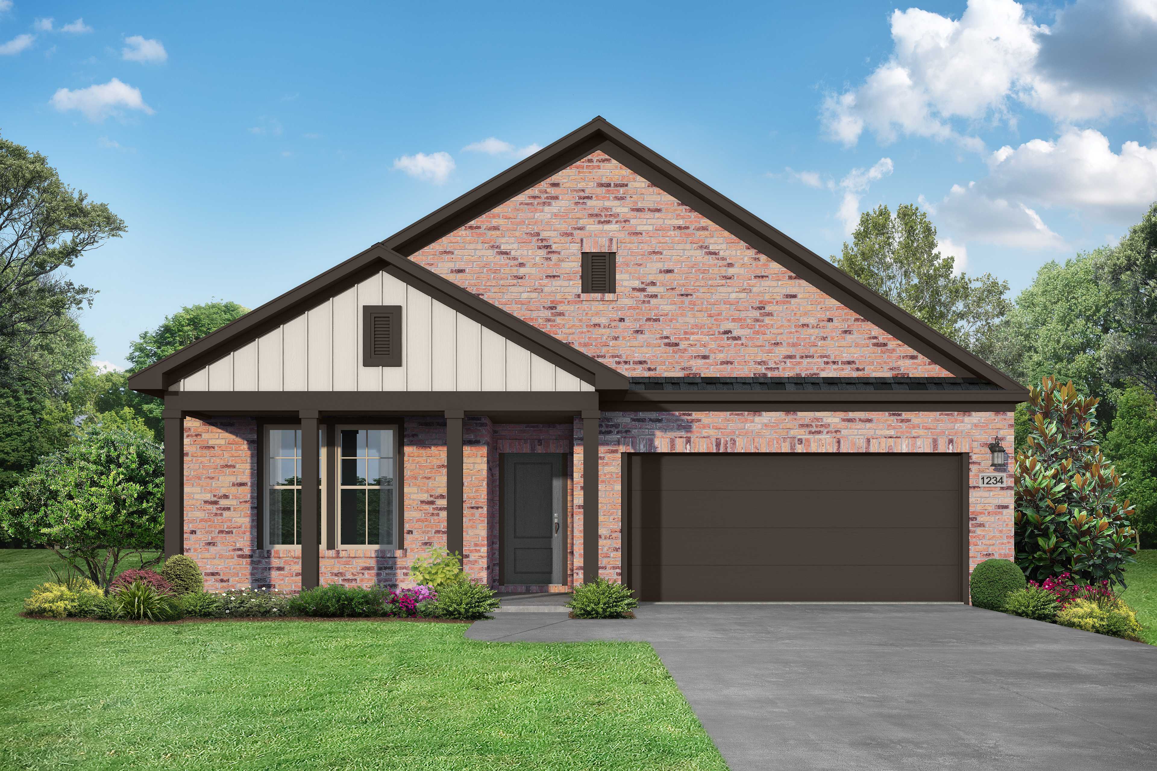 Modern brick facade of The Glen B 3-bedroom single-family home with gabled roof, 2-car garage, and landscaped front yard in Josephine Texas