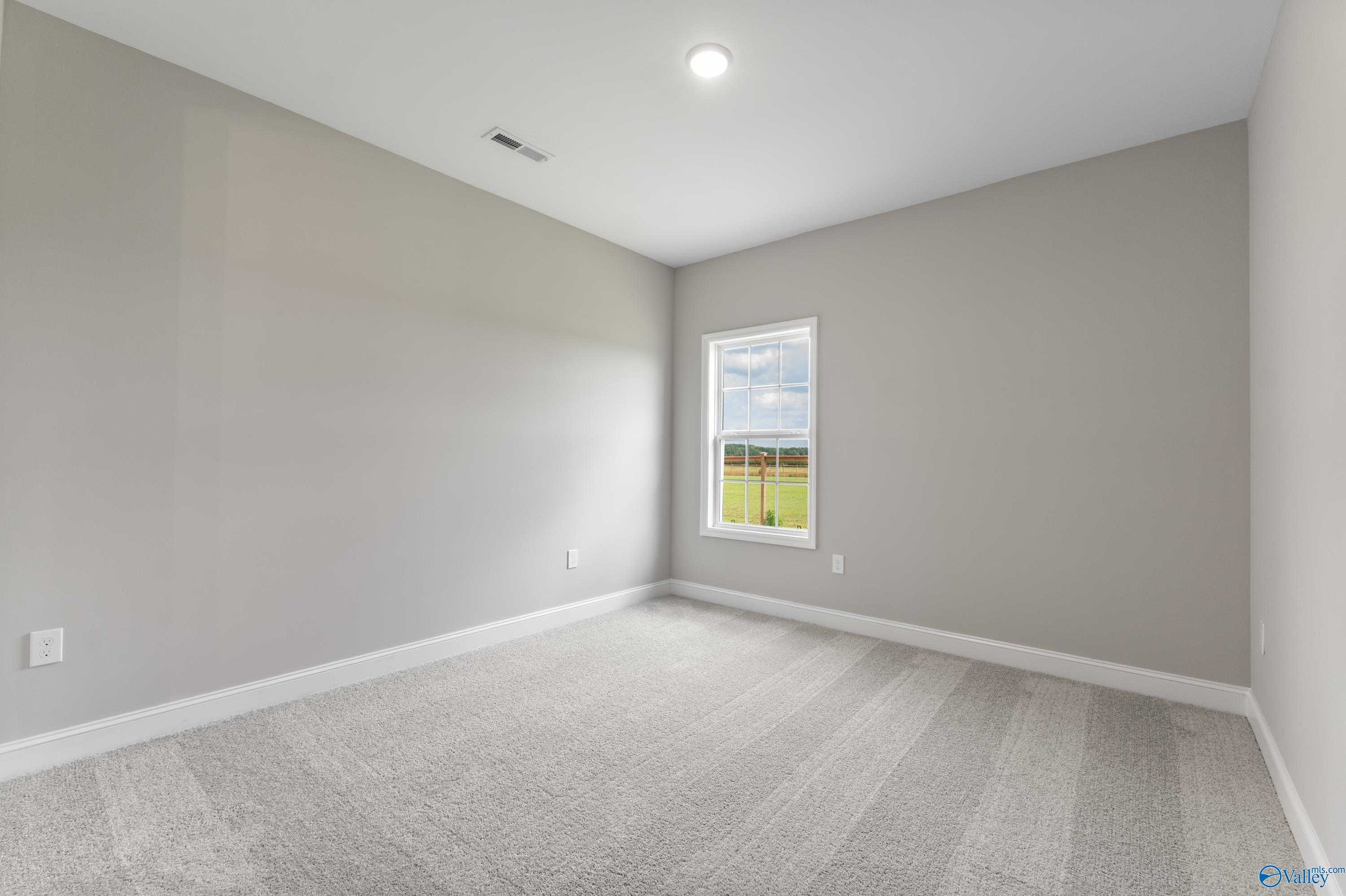 Empty secondary bedroom featuring gray walls, plush carpet, large window with yard view in Davidson Homes The Finleigh, Toney, Alabama