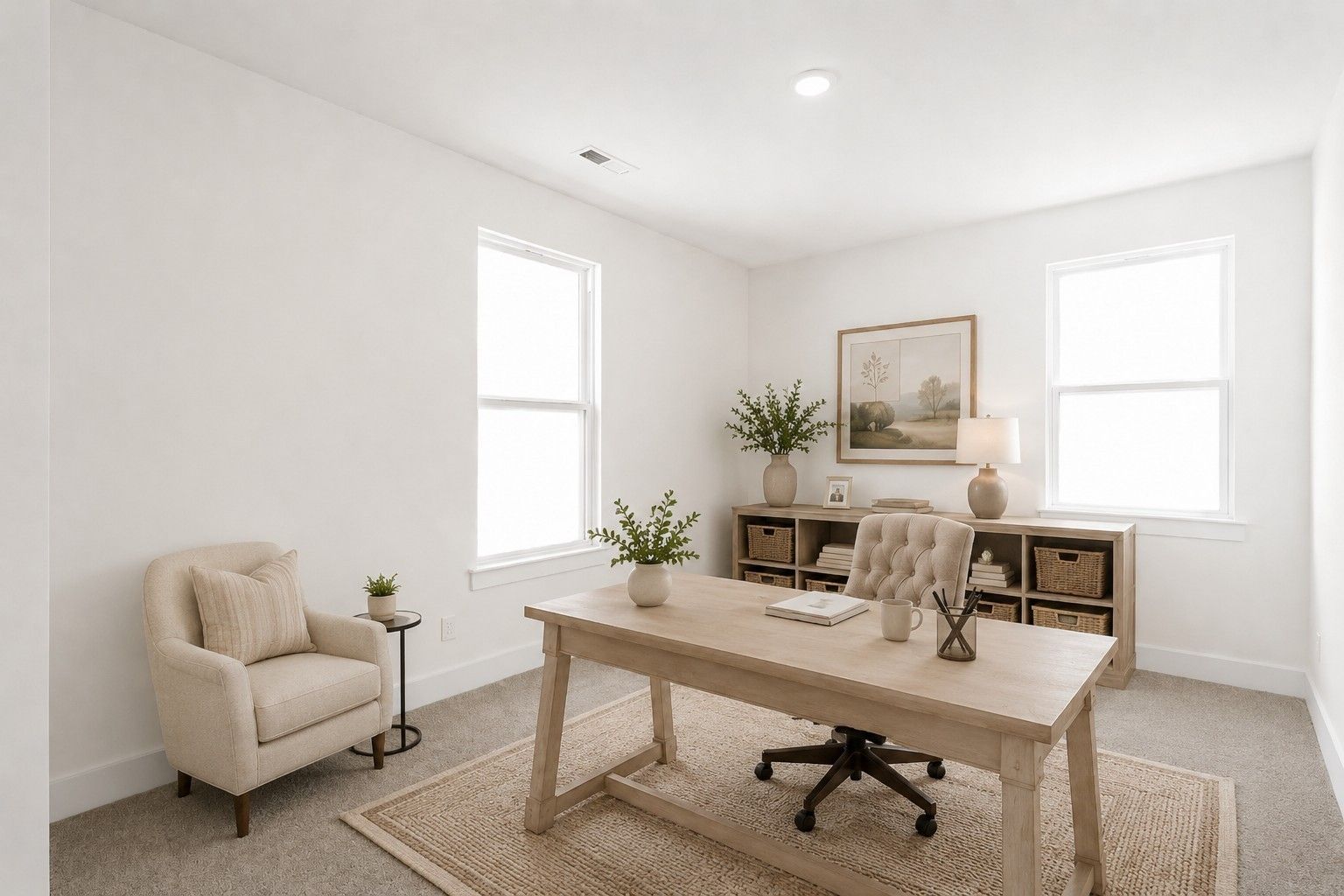 Bright home office with wood desk, tufted chair, and accent armchair in Davidson Homes Cottonwood E floor plan, Gallatin, TN