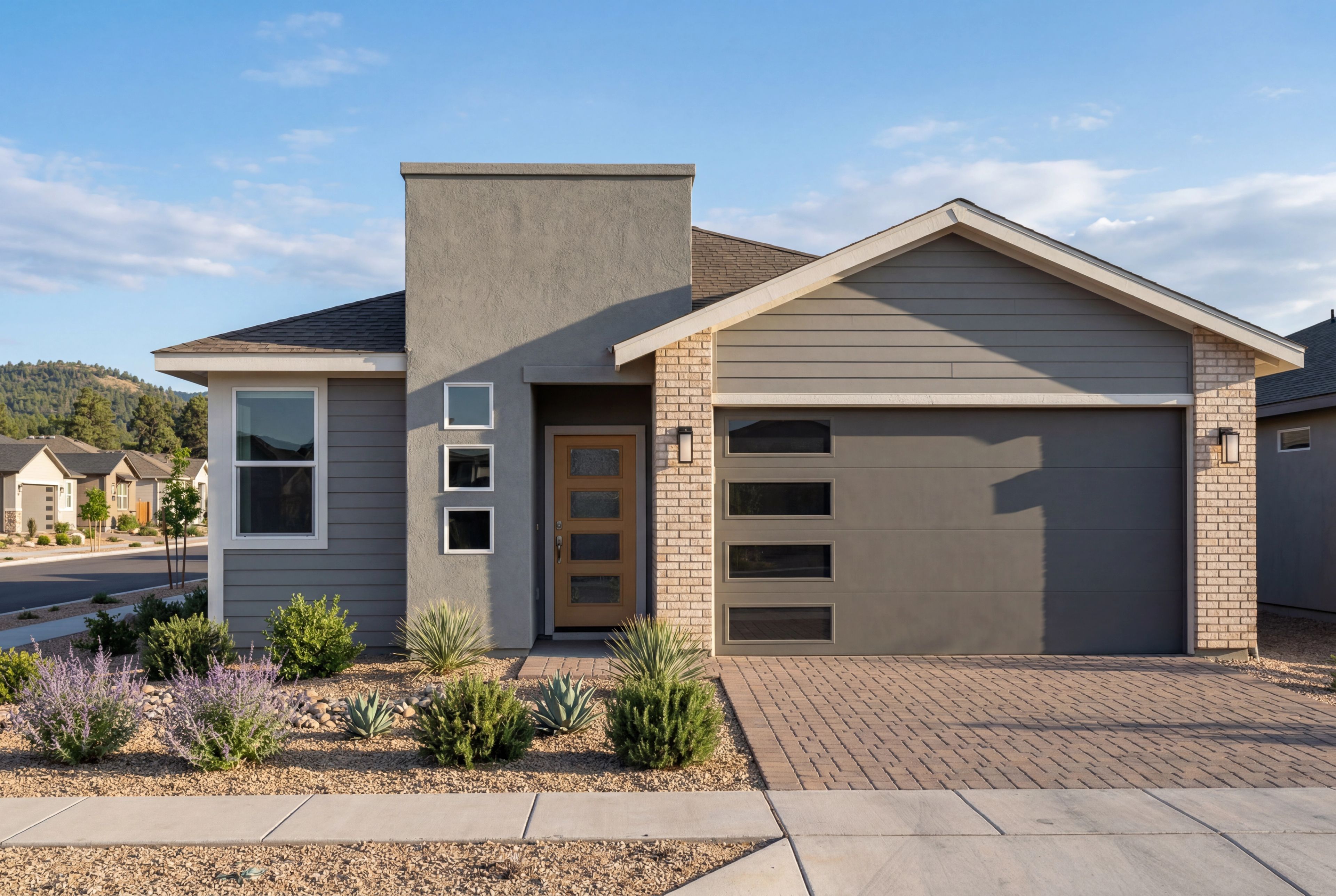 Modern single-story exterior of The Coronado in Prescott, Arizona, featuring a 2-car garage and drought-tolerant landscaping.