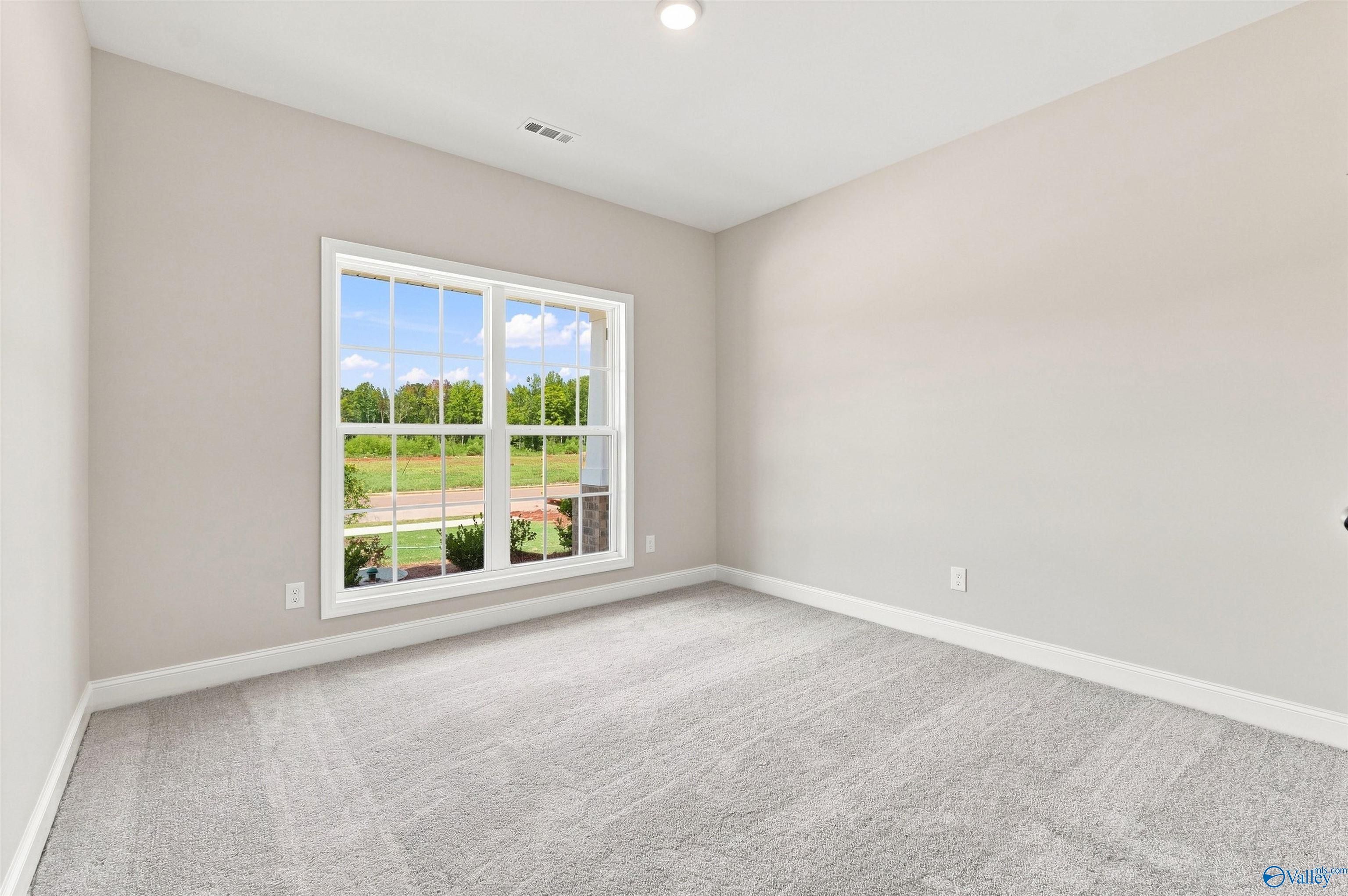 Bright empty bedroom with large double window and plush carpet in Davidson Homes The Everett B, Wood Trail, Toney, Alabama