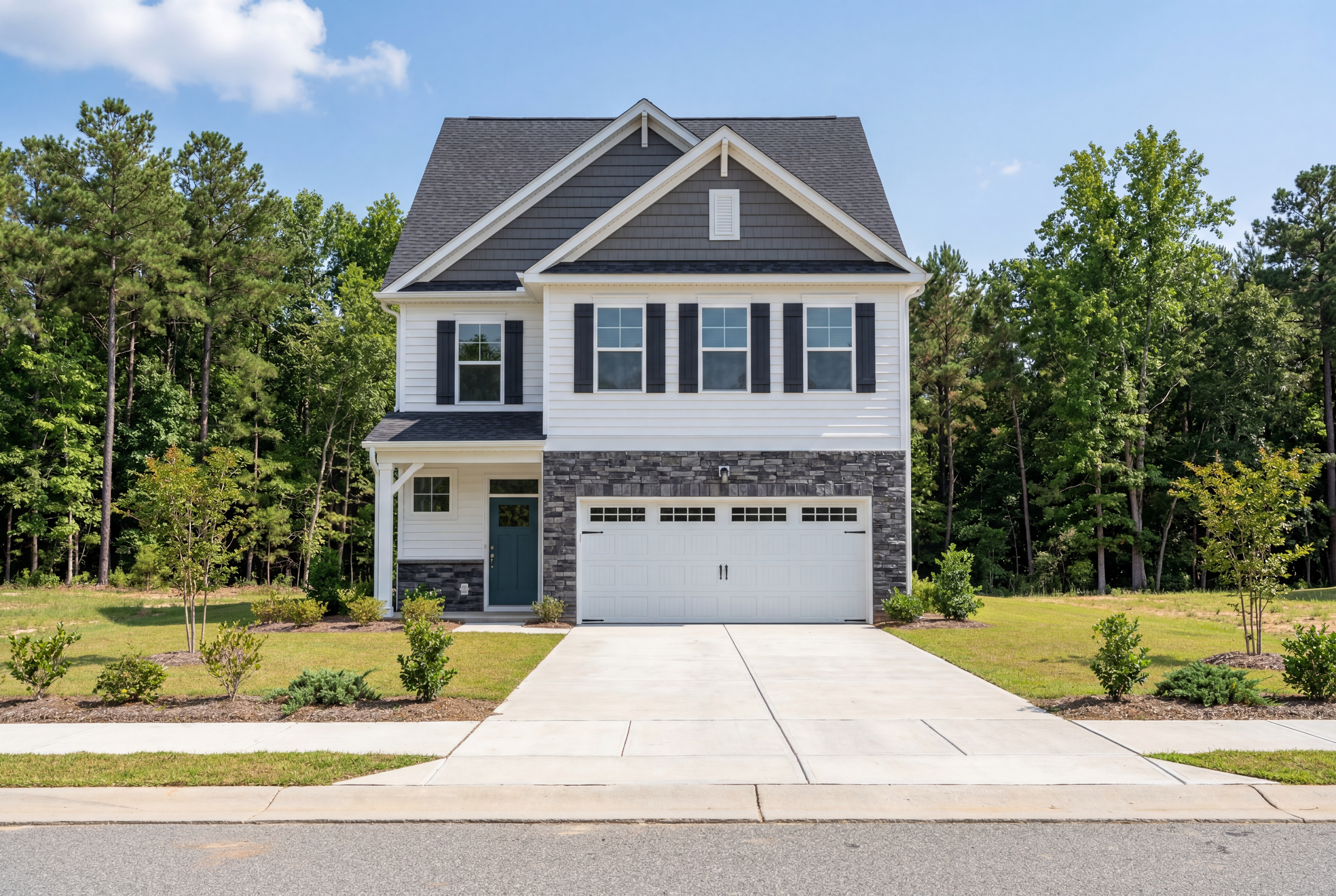 Modern two-story Gavin C home elevation with dark shingle roof, white siding, stone garage accents, and lush landscaping in Lillington NC