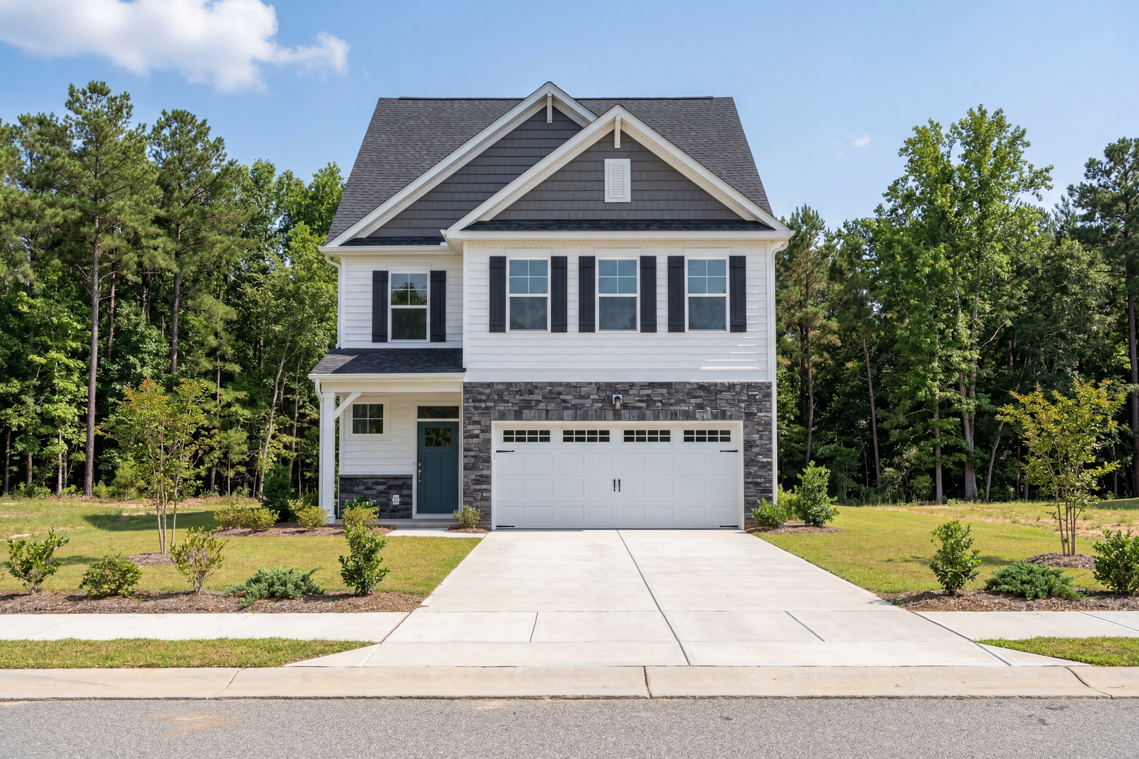 Modern two-story Gavin C home elevation with dark shingle roof, white siding, stone garage accents, and lush landscaping in Lillington NC