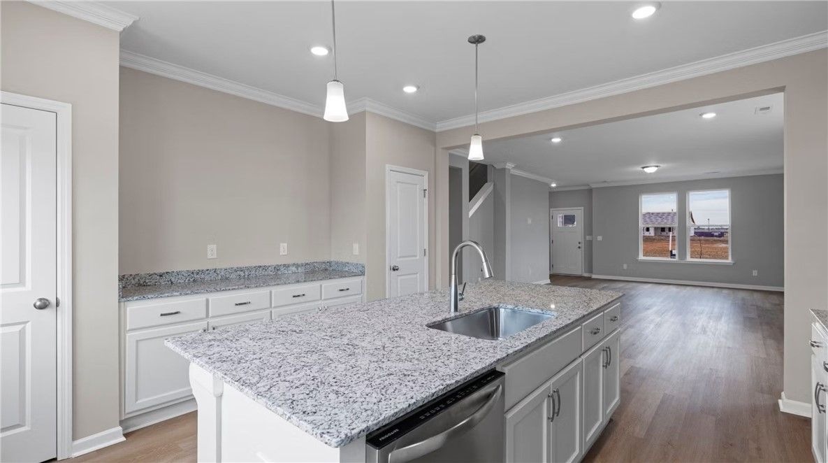 Modern kitchen featuring white cabinets, speckled granite countertops, stainless sink, and open living space in The Stella D, Cusseta, Alabama