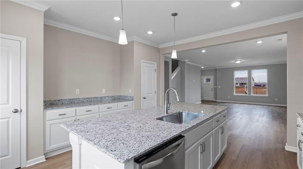 Modern kitchen featuring white cabinets, speckled granite countertops, stainless sink, and open living space in The Stella D, Cusseta, Alabama