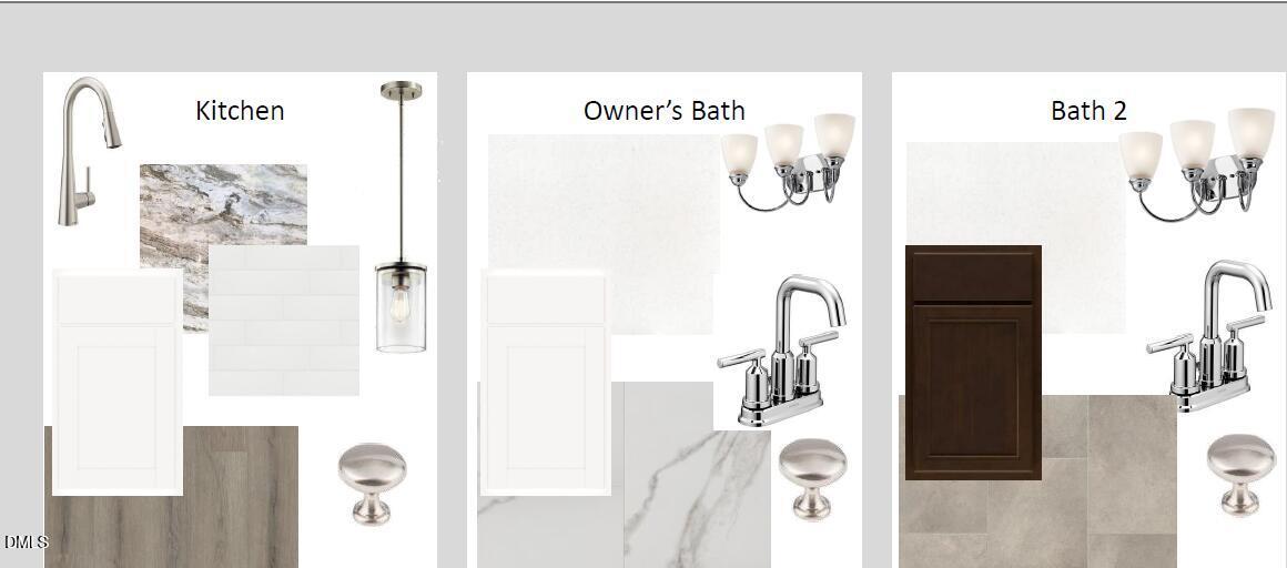 Modern kitchen fixtures with faucet and pendant, owner's bath vanity in marble, Bath 2 cabinetry in Davidson Homes Adalynn A, Lillington NC