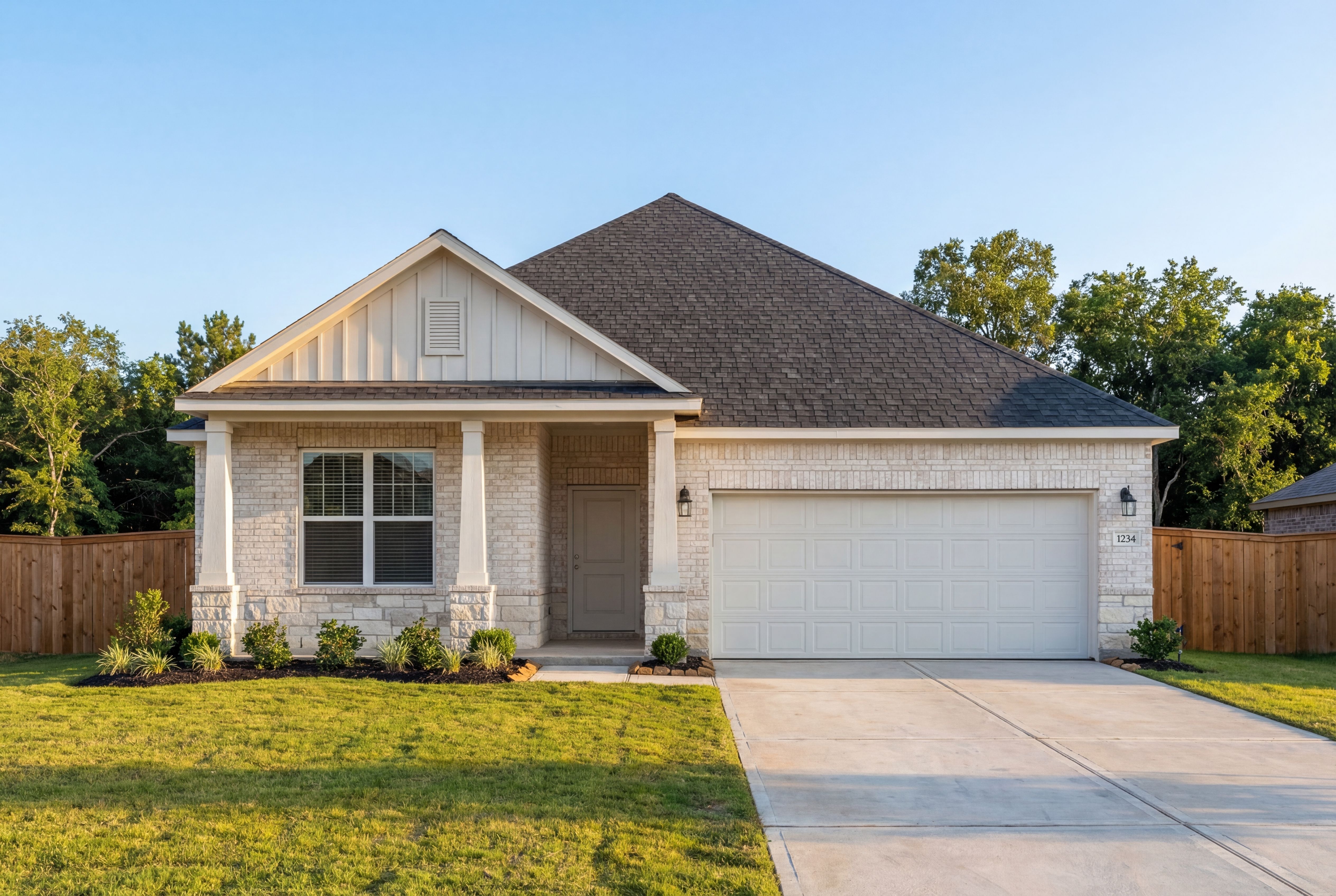 Modern single-story Daphne H home by Davidson Homes in Crosby Texas, with beige brick facade, covered front porch, and two-car garage