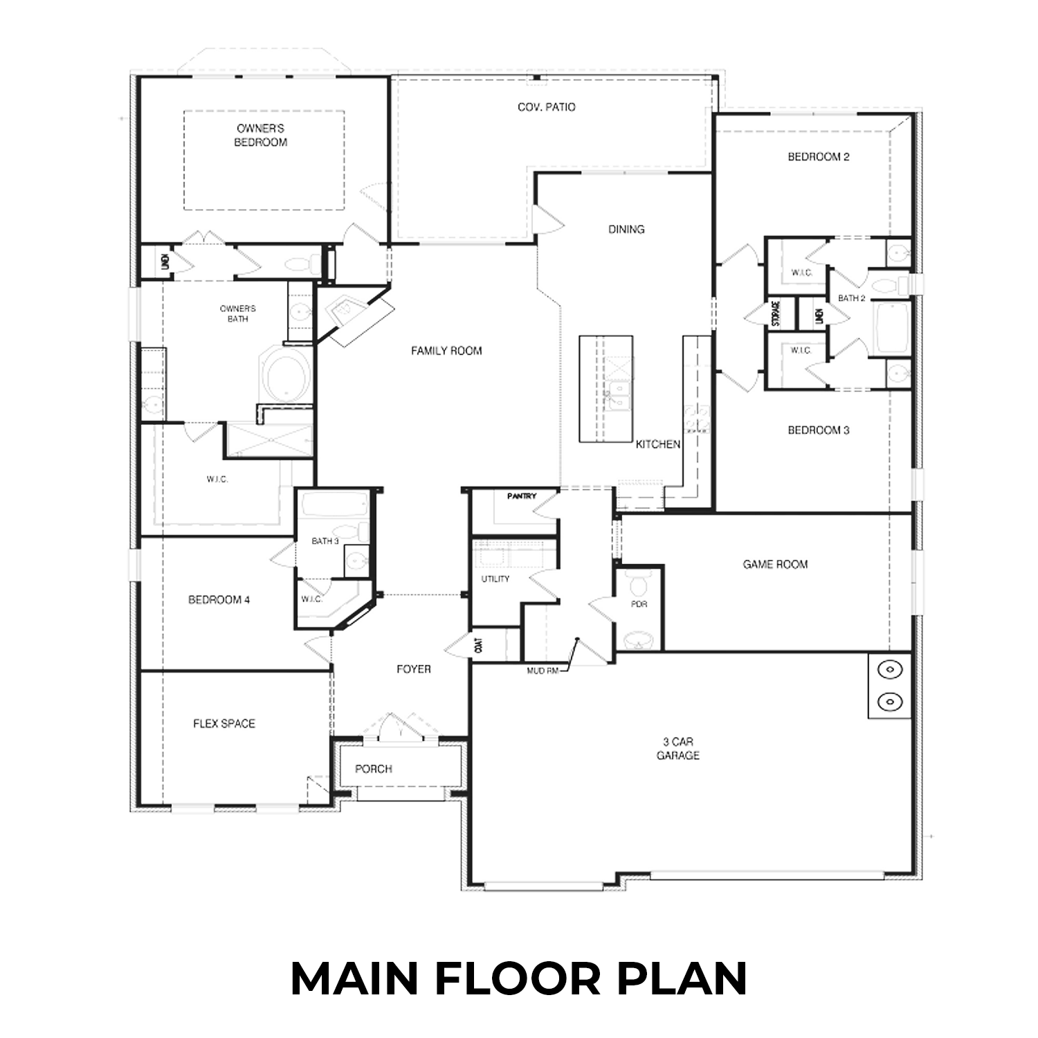 Spacious first-floor plan of The Garner A showcasing 4 bedrooms, open kitchen-family room, and 3-car garage
