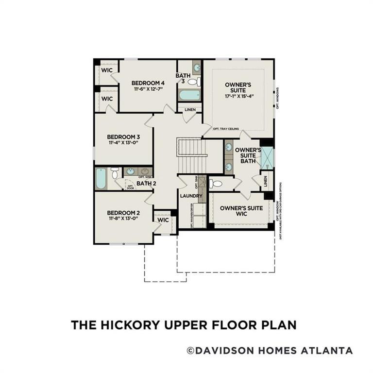 Upper floor plan for The Hickory A by Davidson Homes featuring 4 bedrooms and spacious owner's suite in Cedar Farms, Winder.