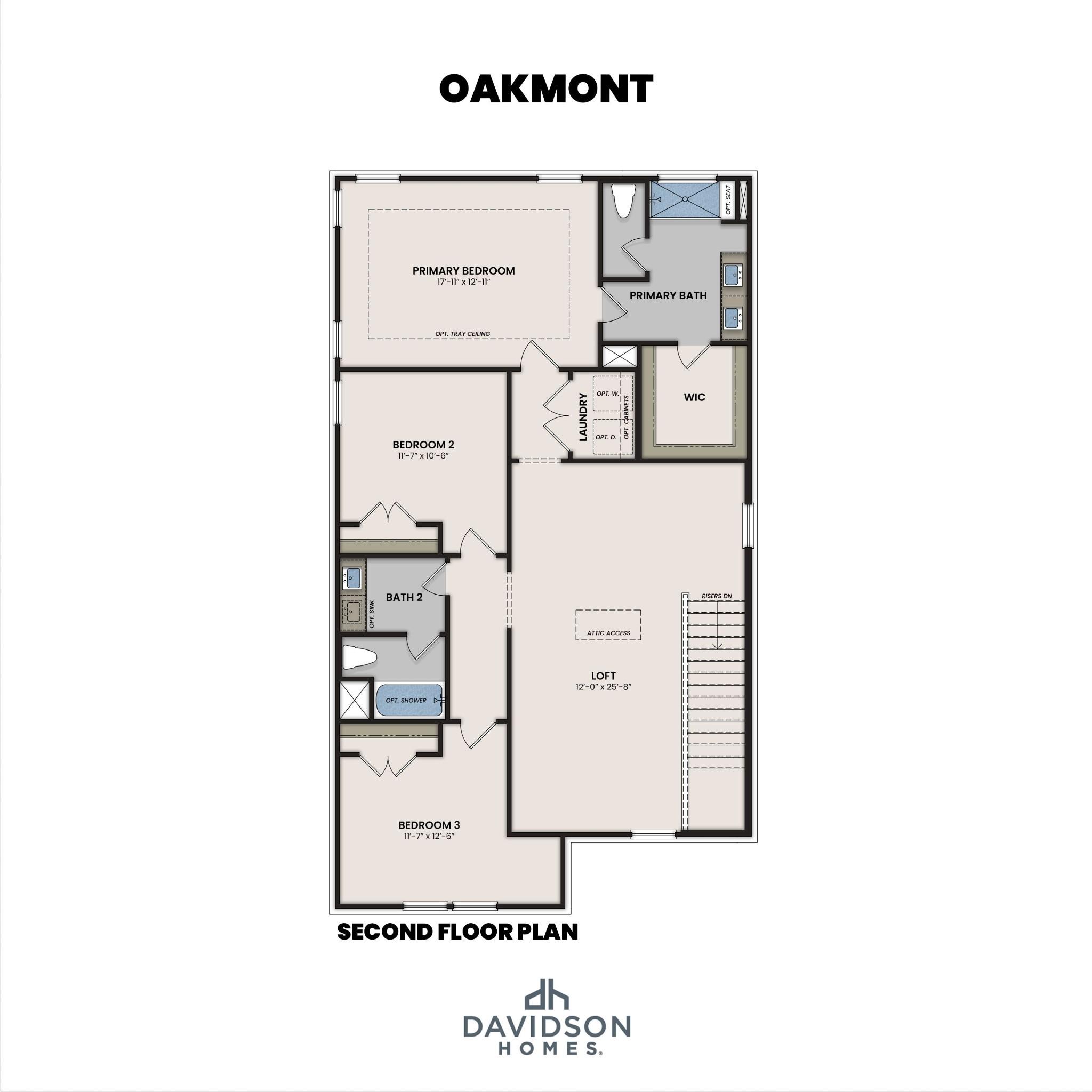 Second floor plan of Davidson Homes Oakmont B showing primary suite, loft, laundry, and bedrooms in Mt. Juliet, Tennessee