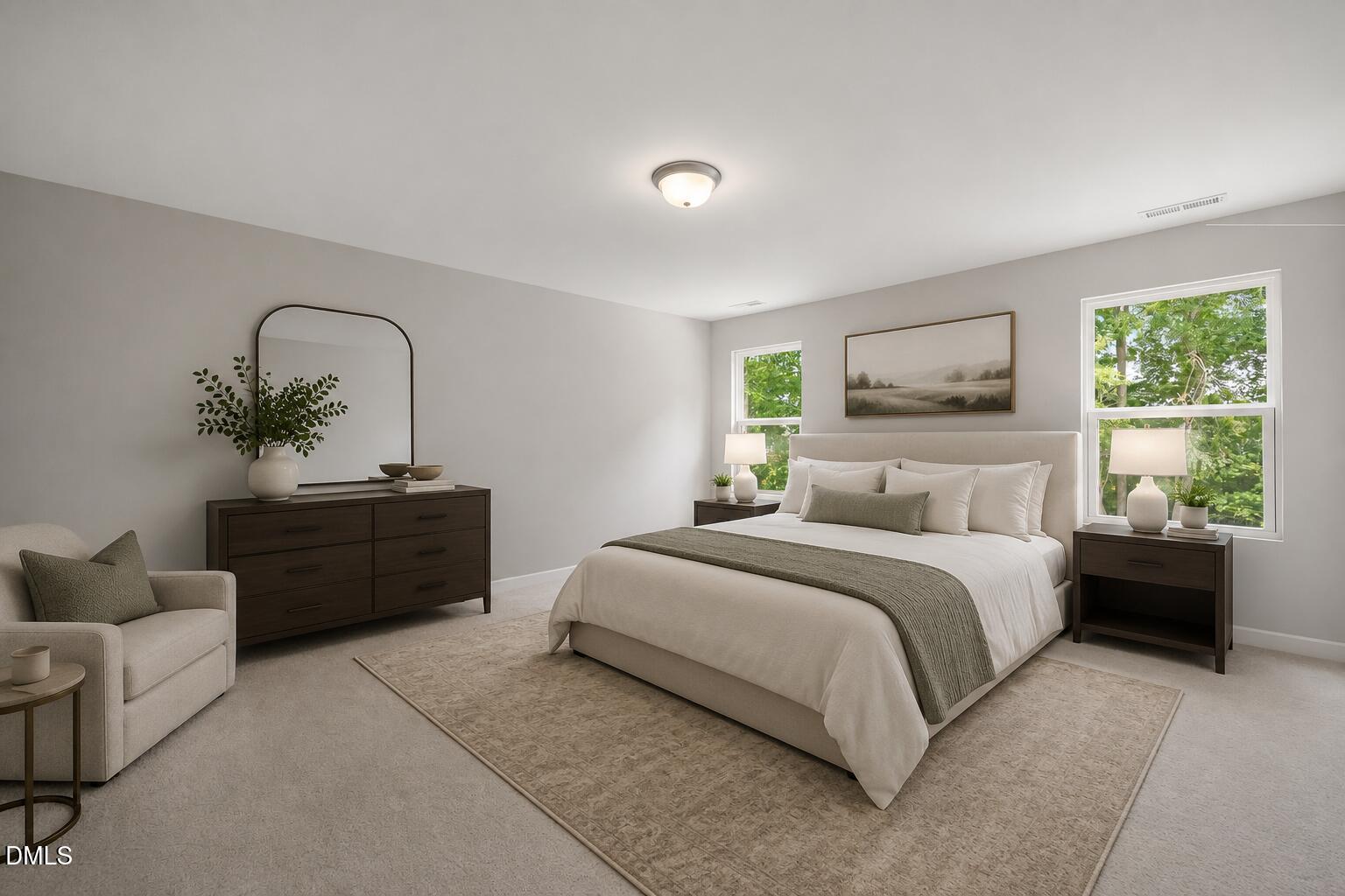 Spacious primary bedroom with neutral decor in The Hickory II B floor plan by Davidson Homes in Lillington, North Carolina.