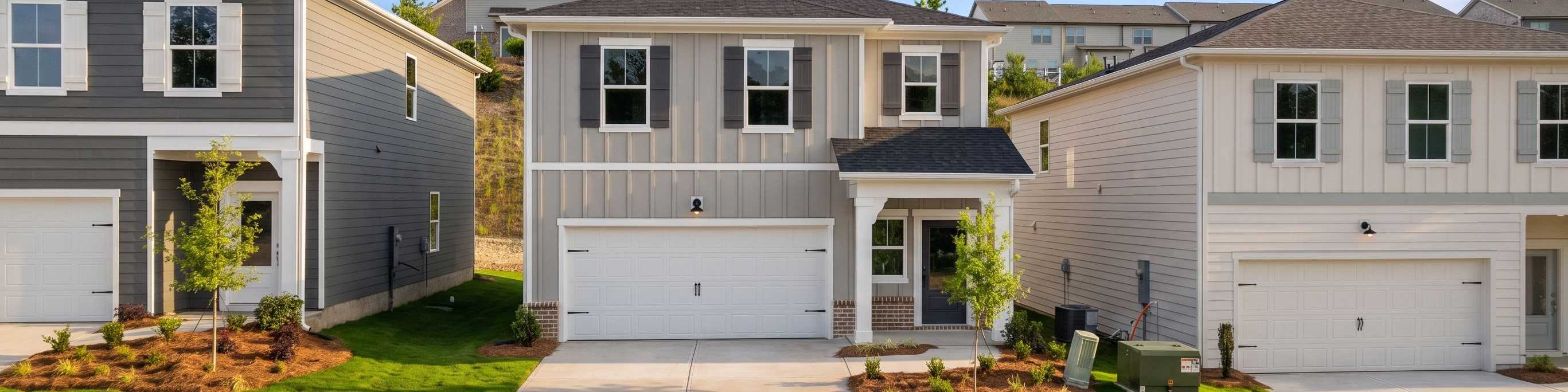 New construction homes by Davidson Homes at The Bluffs in Canton, Georgia featuring modern siding and two-car garages.