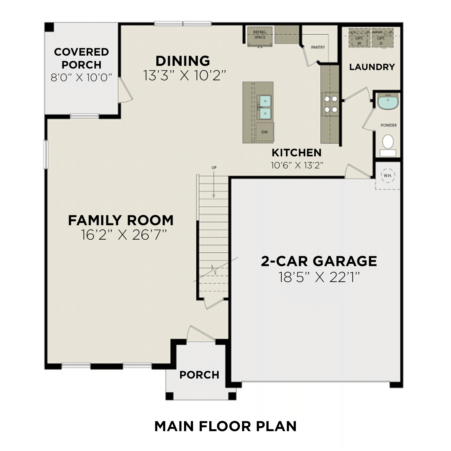 First floor plan of The Charleston showcasing open family room, kitchen, dining, covered porch, and 2-car garage