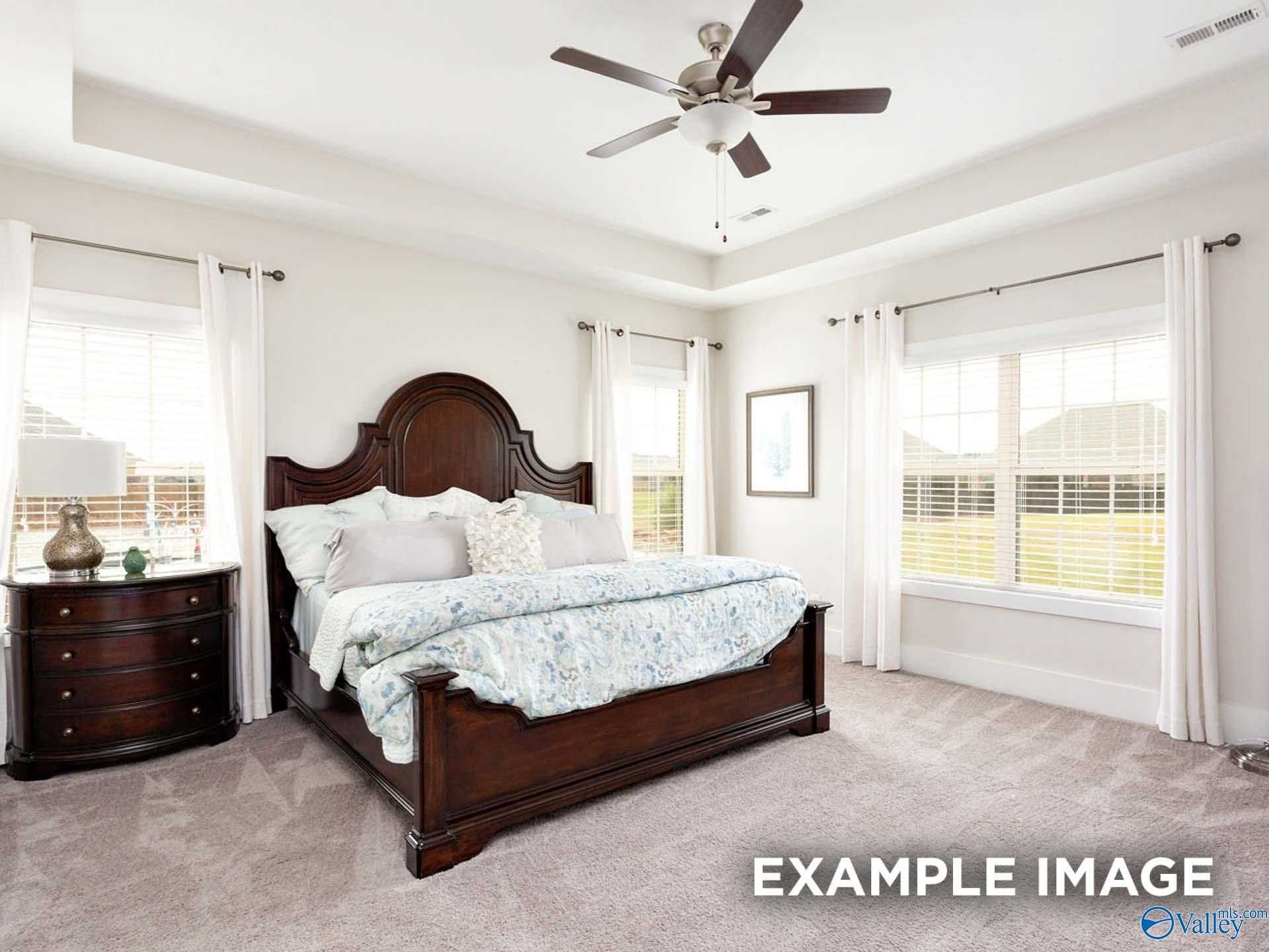 Elegant master bedroom with dark wood king bed, ceiling fan, tray ceiling, and window views of green lawn in Davidson Homes The Finleigh, Meridianville AL