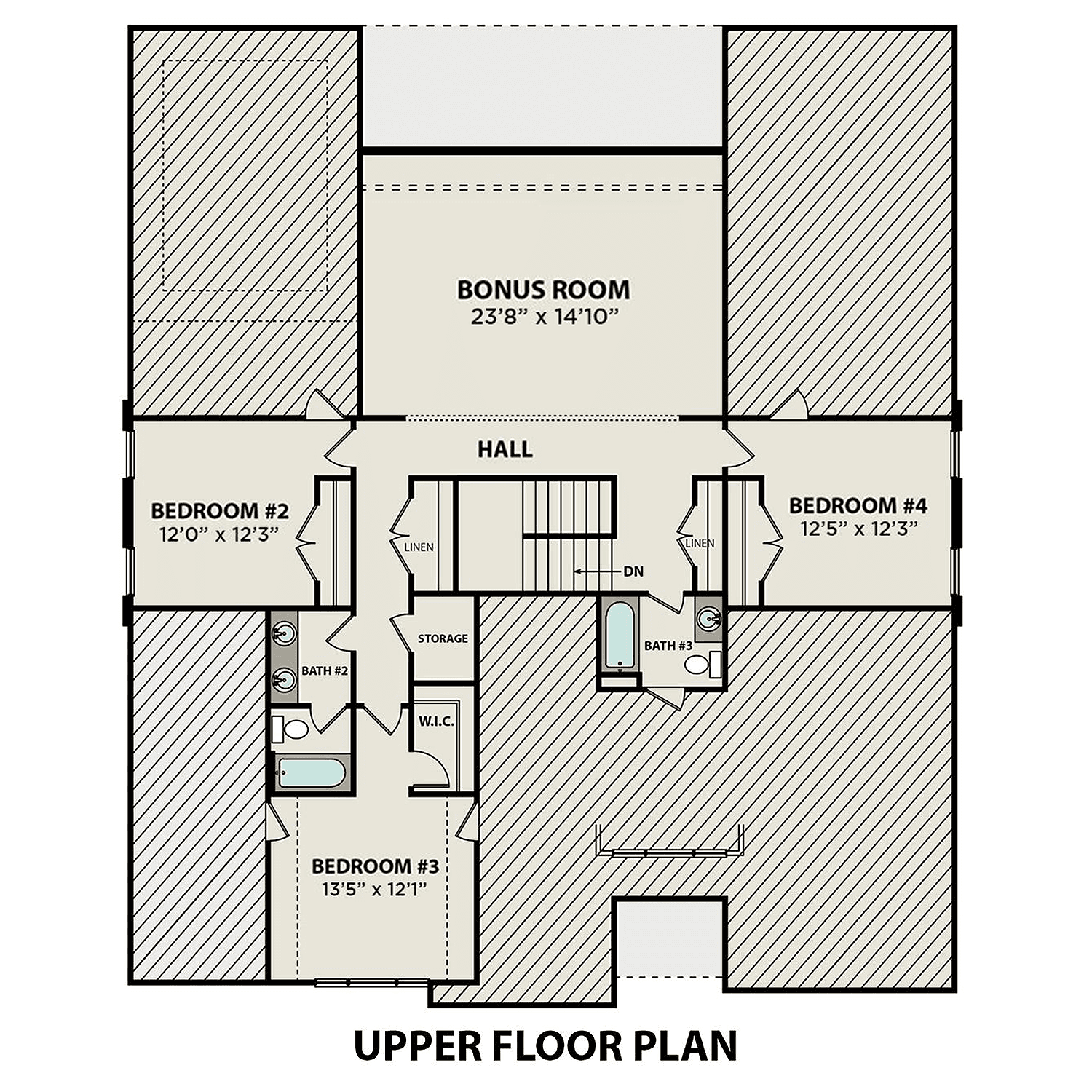 Upper floor plan of The Torrance home design featuring three bedrooms, 25x10 ft bonus room, storage, and full bath