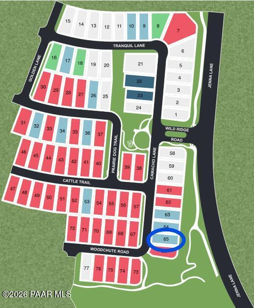 South Ranch Destination Collection site plan in Prescott AZ, highlighting lot 65 for Davidson Homes The Newport C 3-bed home