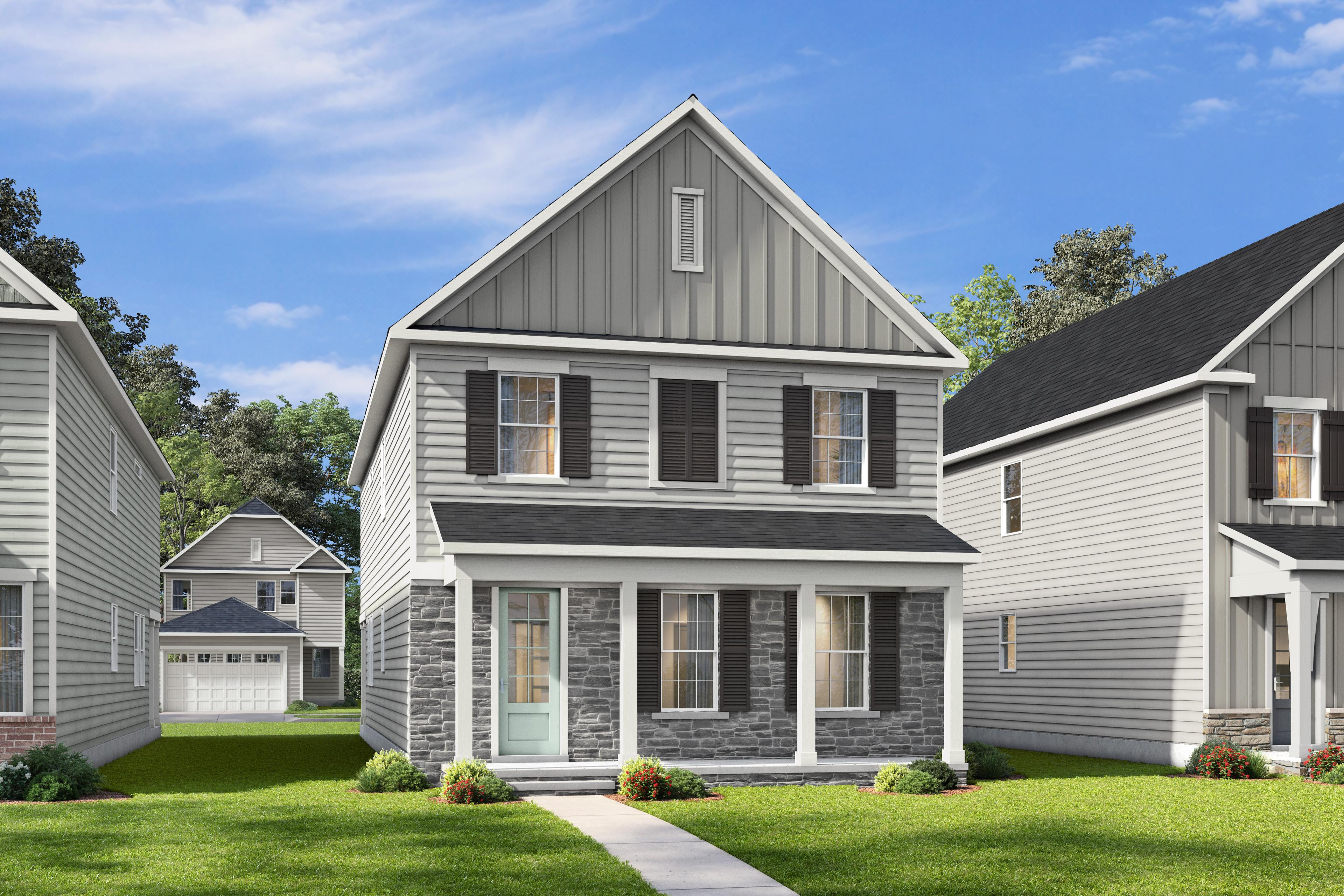 Two-story exterior elevation of The Harris B featuring stone accents, gray siding, and a welcoming front porch.
