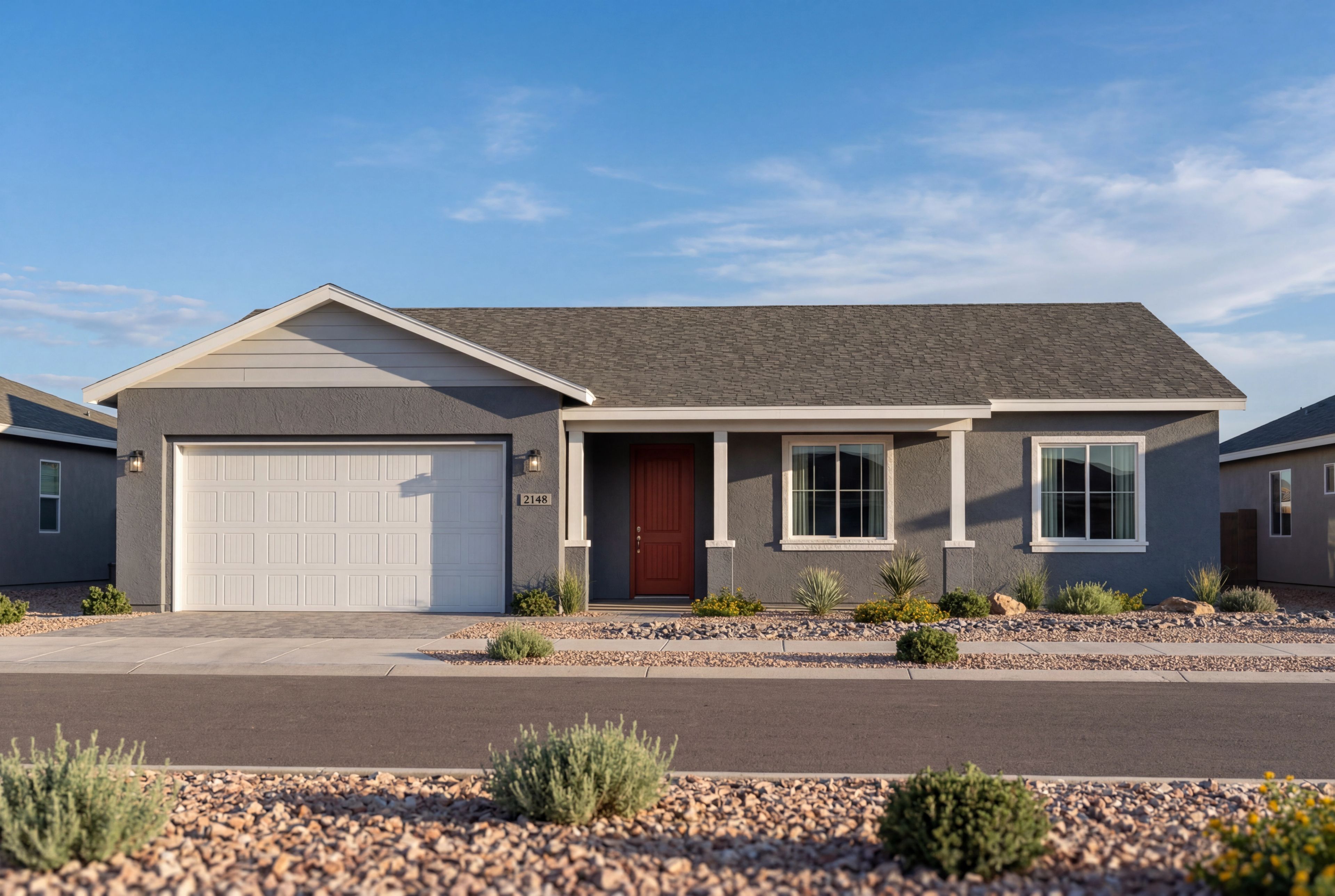 Modern one-story single-family home elevation of The Summit by Evermore Homes featuring a 3-car garage in Prescott Valley.