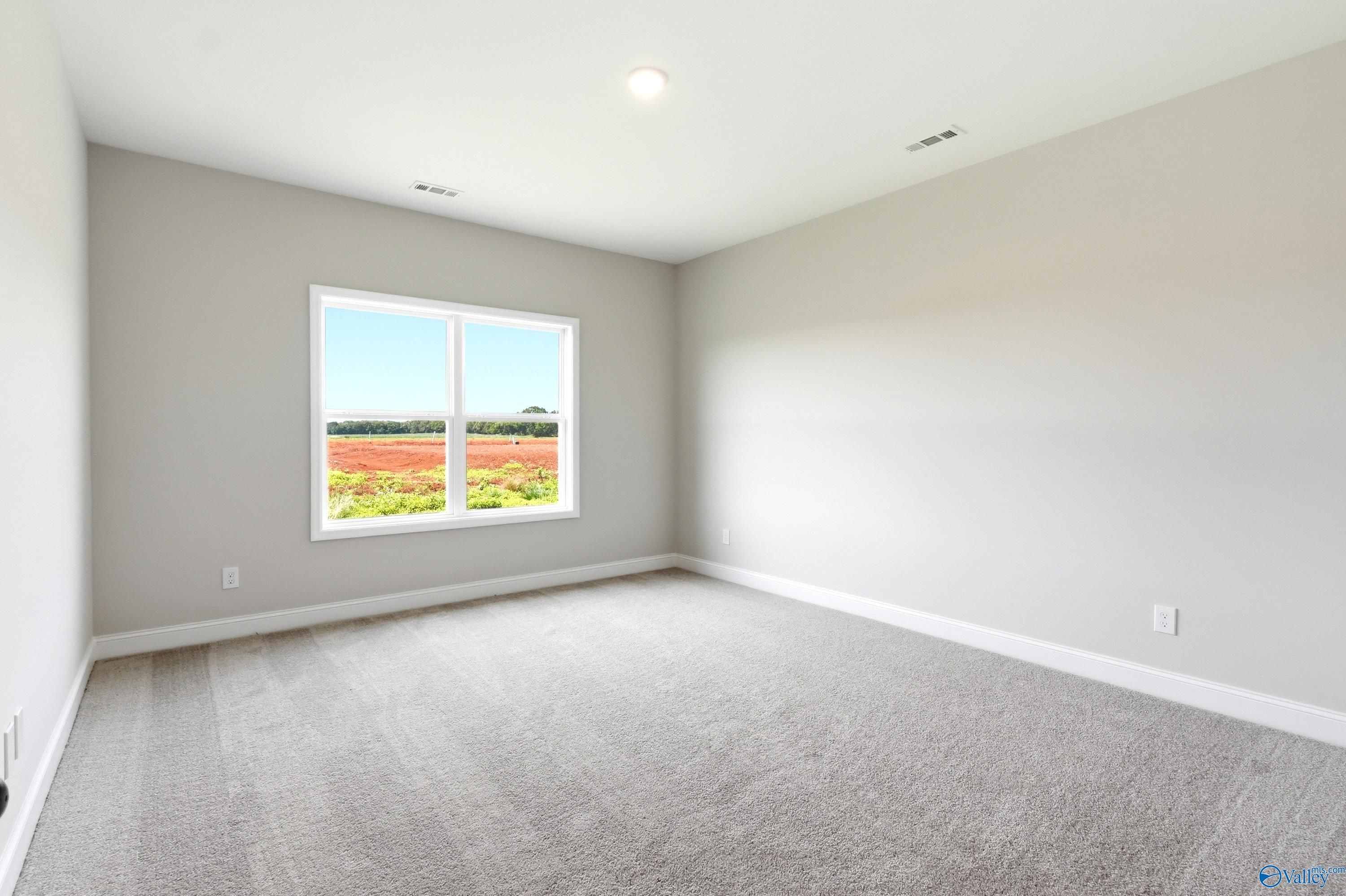Bright, spacious bedroom with neutral carpet in The Daphne floor plan by Davidson Homes in Clearview, Hazel Green, Alabama.