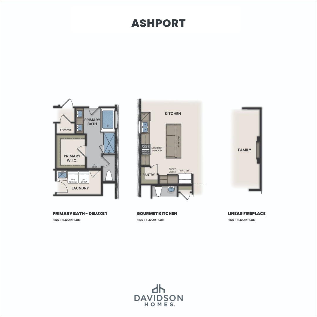 Ashport first floor plans: primary bath detail, gourmet kitchen, linear fireplace by Davidson Homes