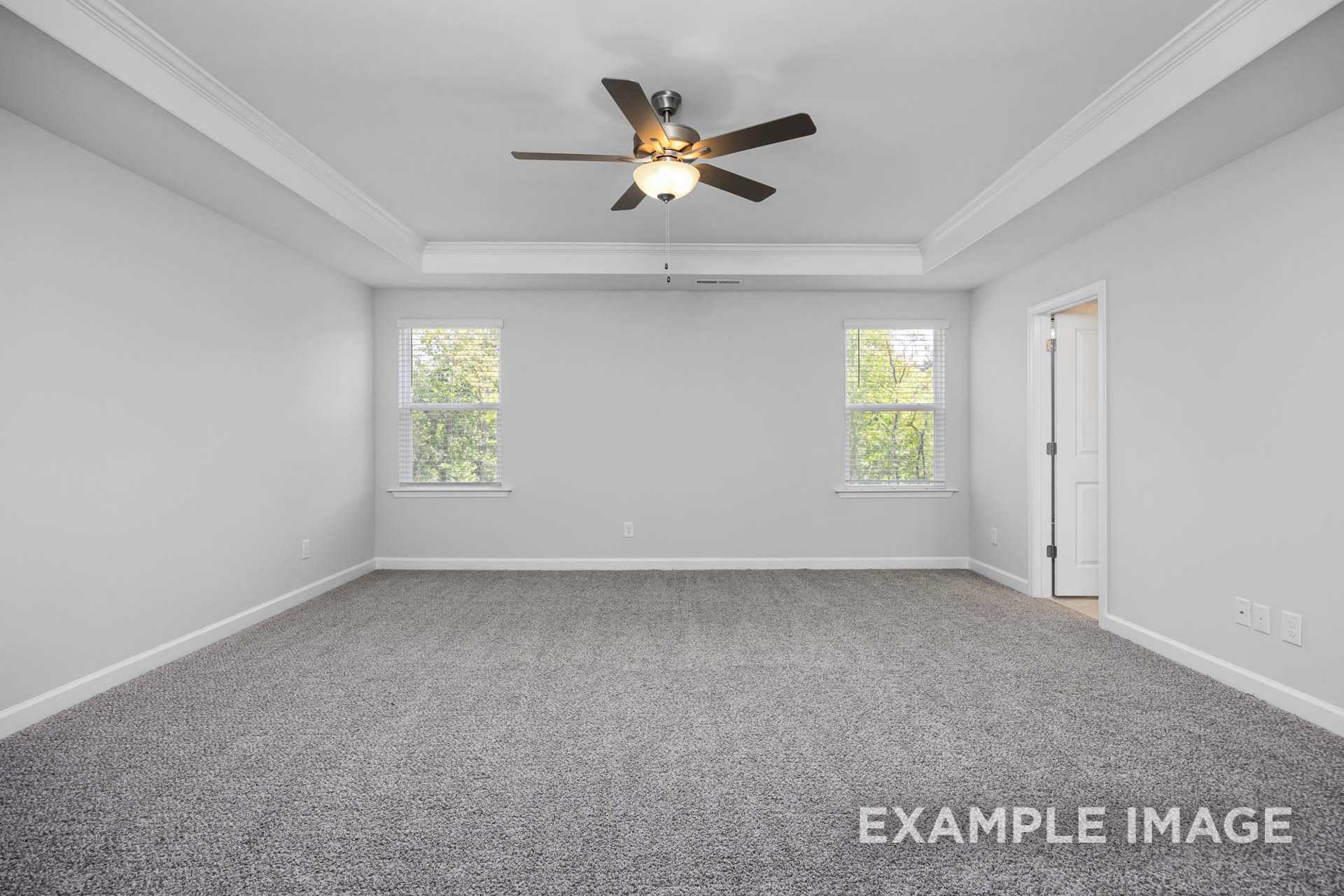 Spacious master bedroom in The Preston B featuring tray ceiling, ceiling fan, large windows, and gray carpet