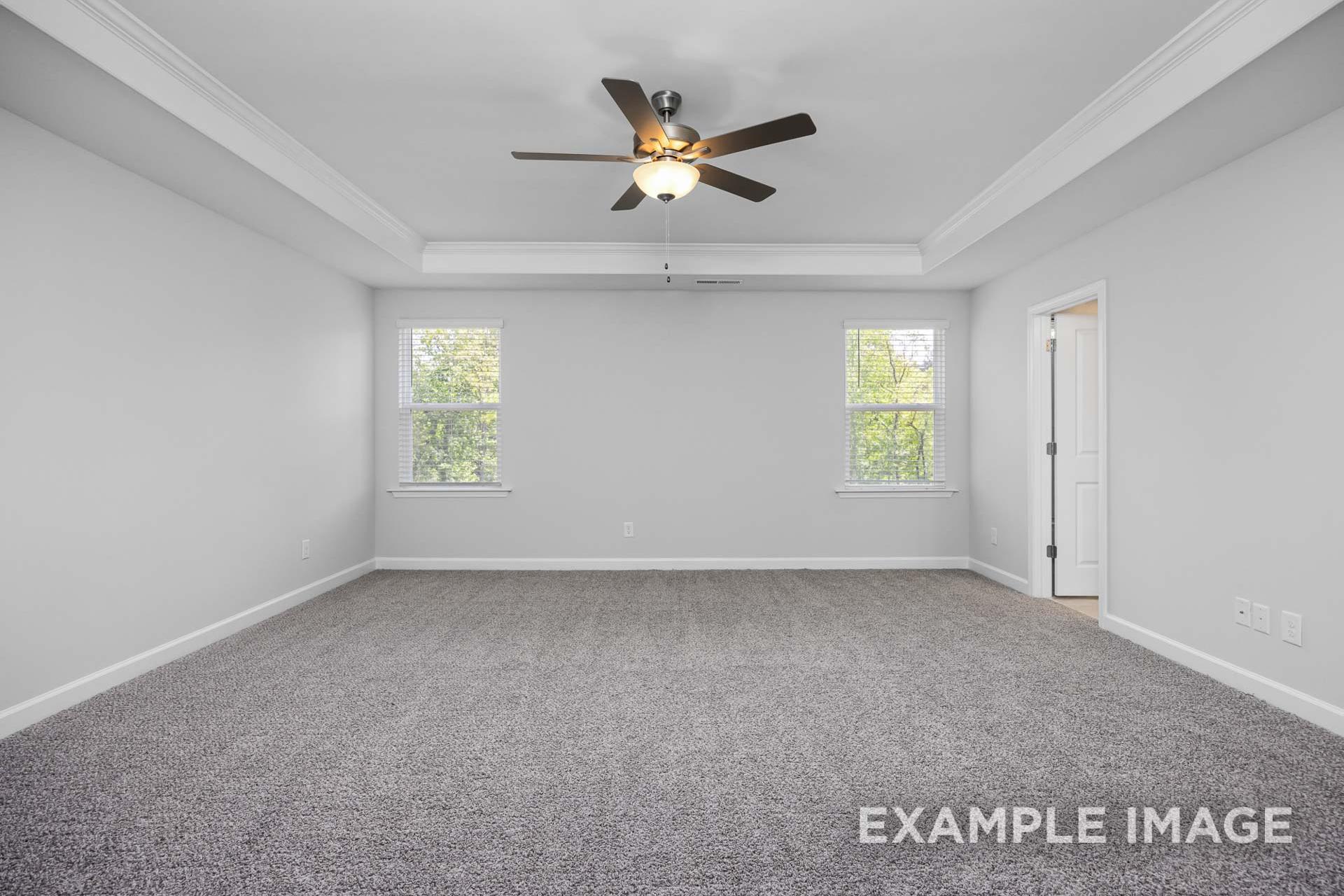 Spacious master bedroom in The Preston B featuring tray ceiling, ceiling fan, large windows, and gray carpet