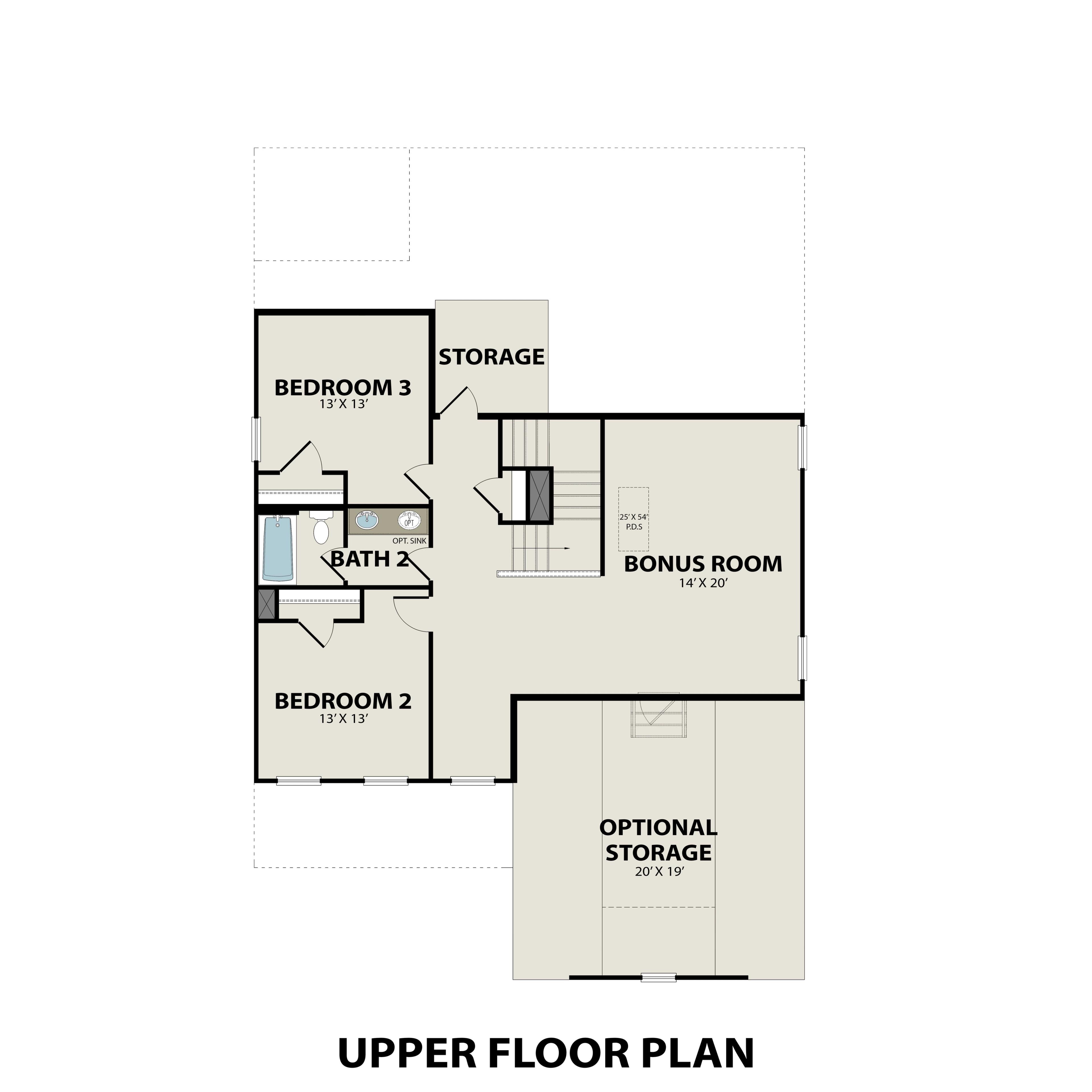 Second floor layout of The Ash featuring two bedrooms, a full bath, and a versatile bonus room.