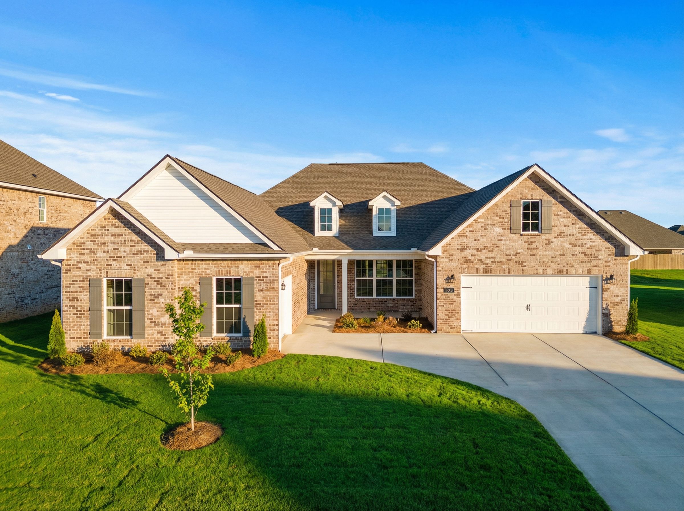 Valencia single-story home exterior by Davidson Homes in Meridianville, AL: brick accents, white siding, 3-car garage, landscaped yard