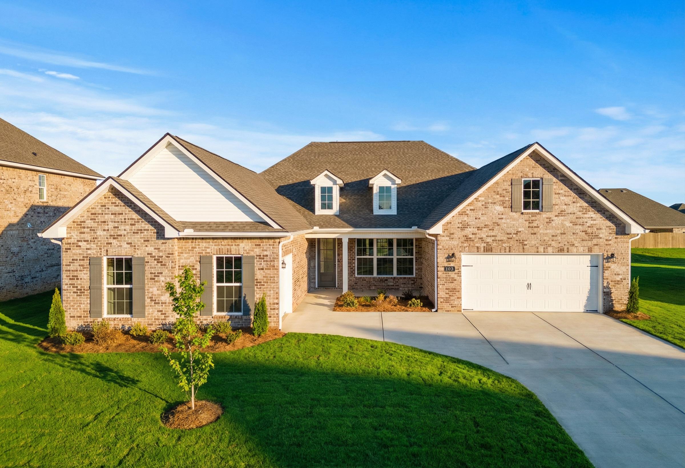 Valencia single-story home exterior by Davidson Homes in Meridianville, AL: brick accents, white siding, 3-car garage, landscaped yard