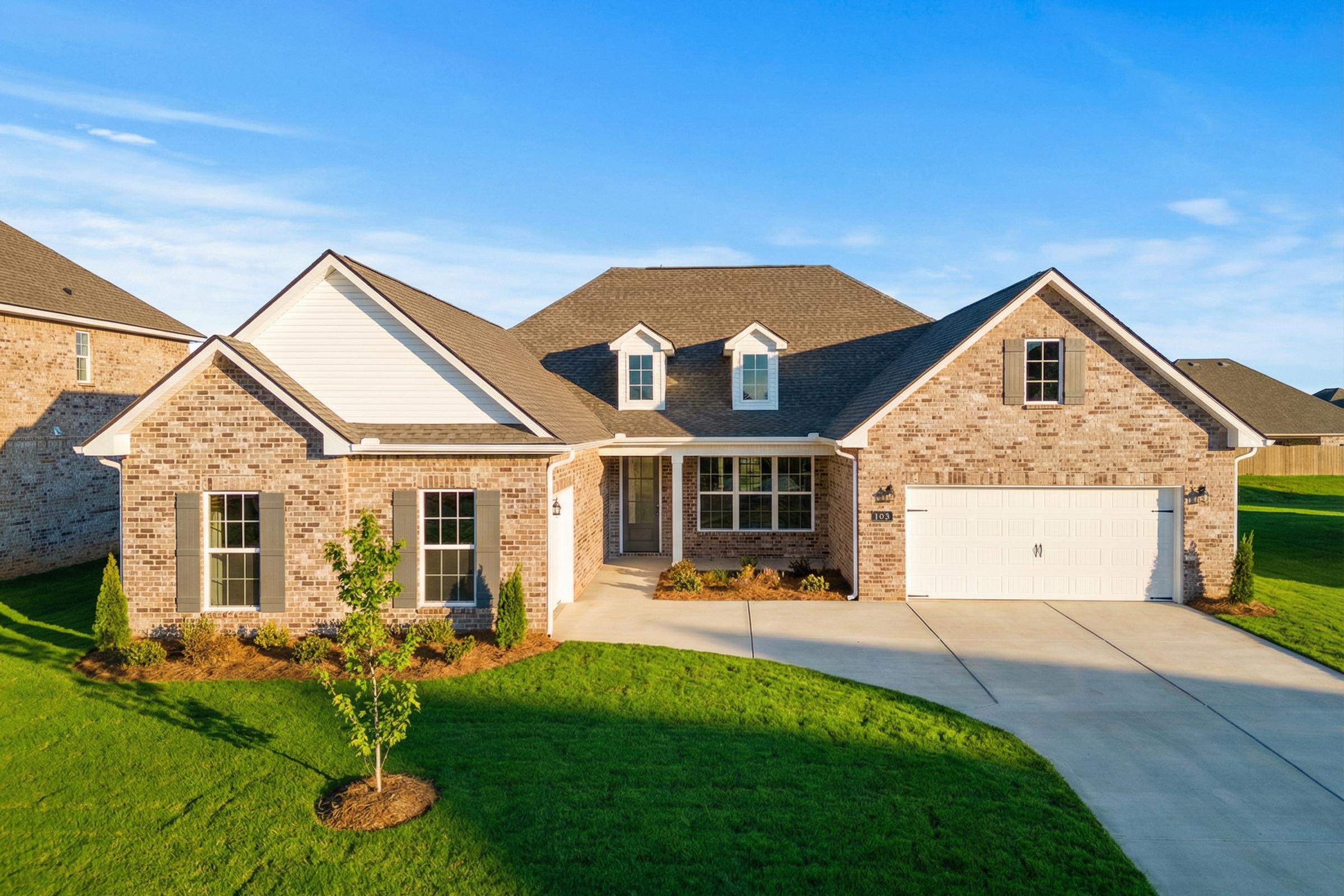 Valencia single-story home exterior by Davidson Homes in Meridianville, AL: brick accents, white siding, 3-car garage, landscaped yard