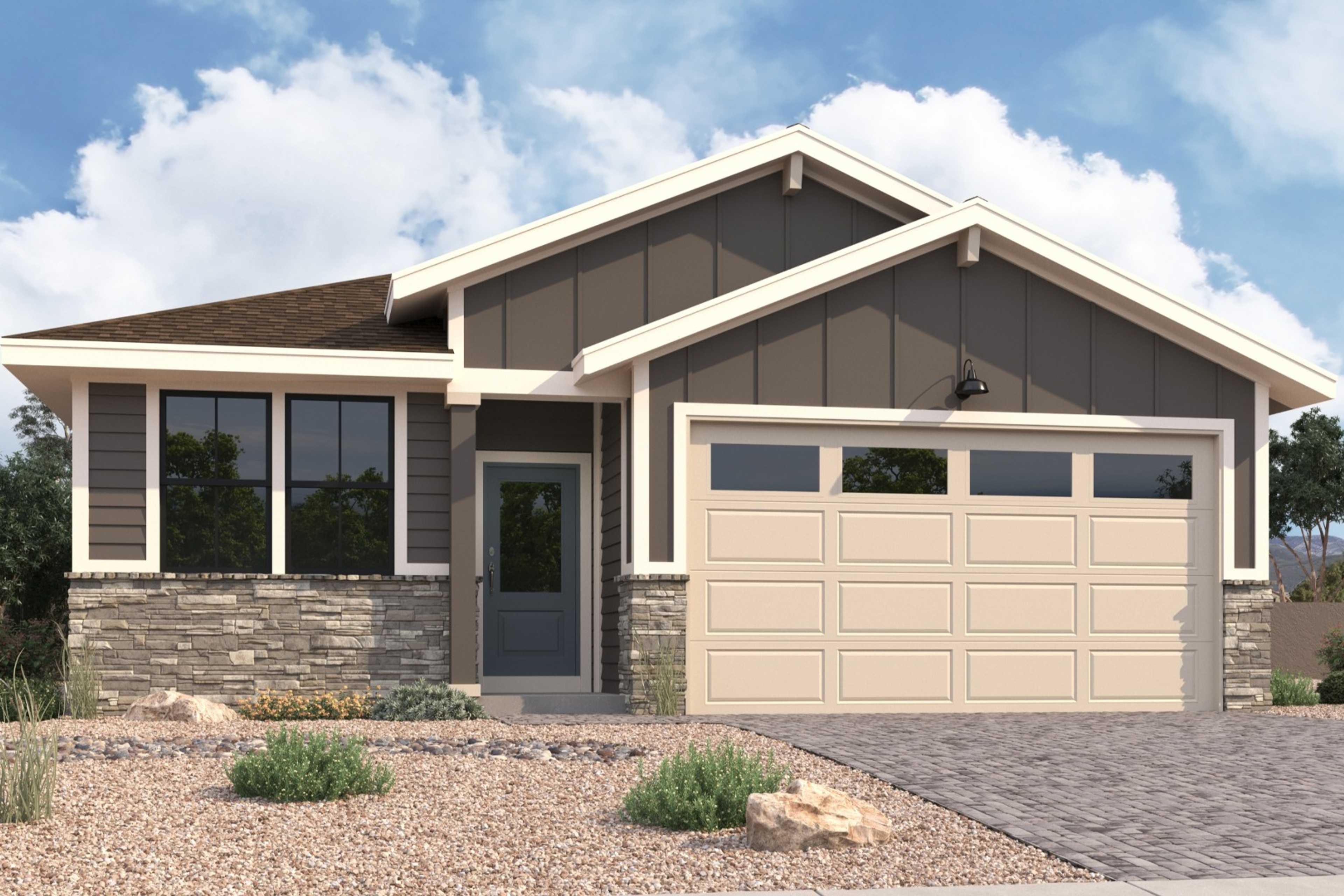 Coronado B single-story home elevation by Davidson Homes in Prescott AZ featuring stone accents, two-car garage, and desert landscape