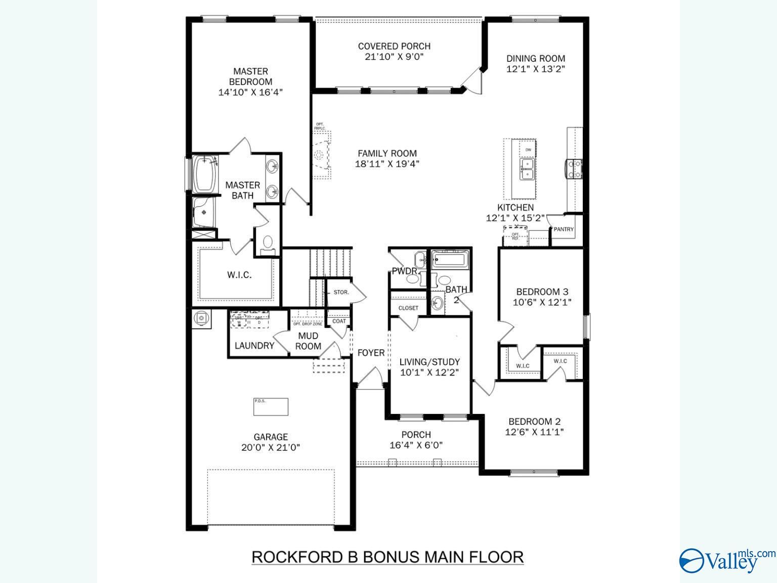 Rockford B main floor plan: 3-bedroom layout with master suite, open kitchen, family room, 2-car garage in Madison, AL home