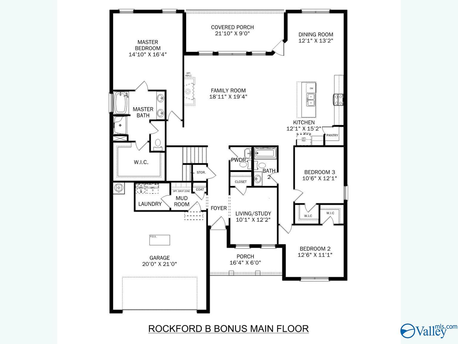 Rockford B main floor plan: 3-bedroom layout with master suite, open kitchen, family room, 2-car garage in Madison, AL home