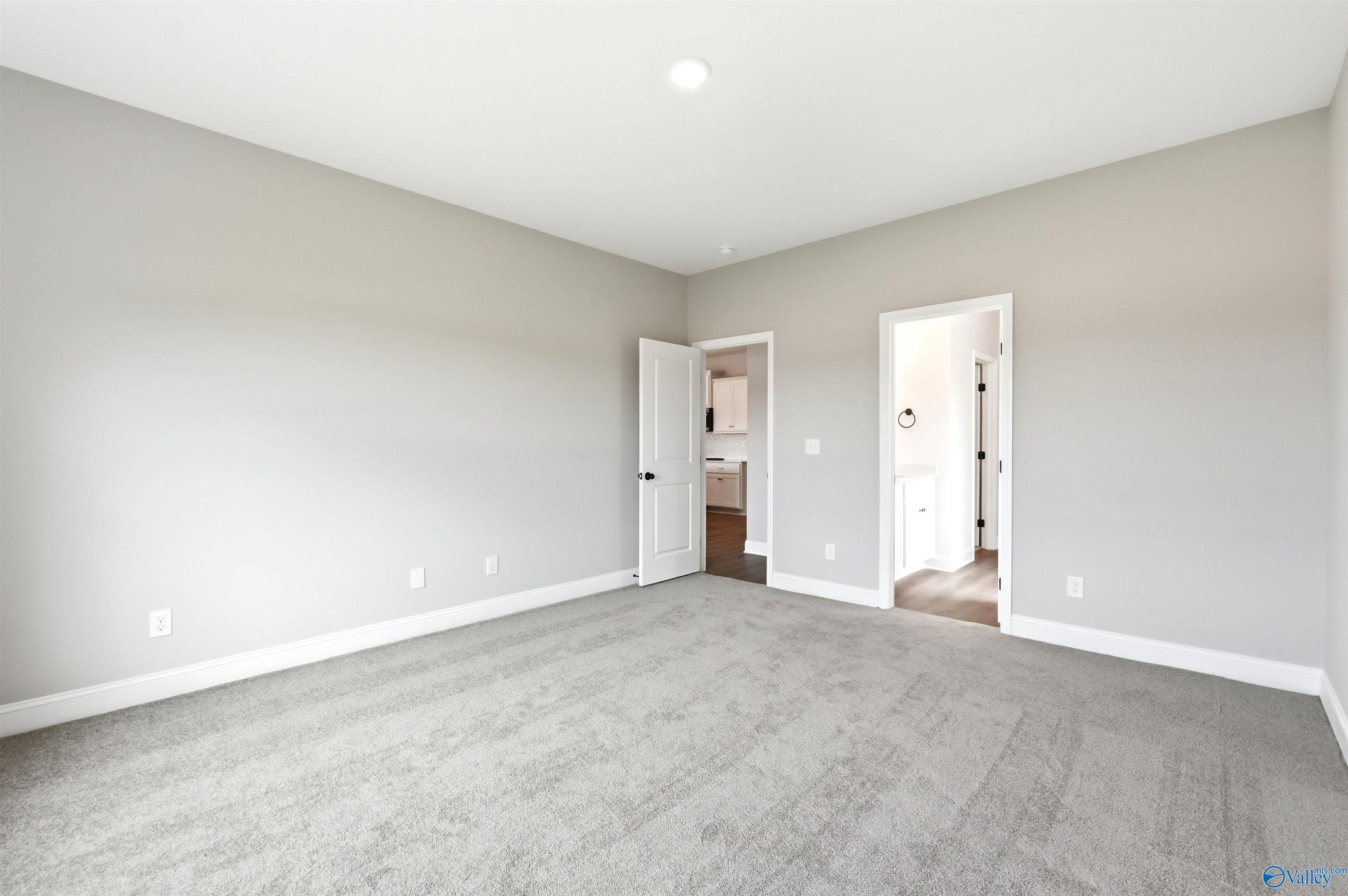 Spacious neutral bedroom with plush carpet in The Daphne F floor plan at Berry Cove, New Market, Alabama.